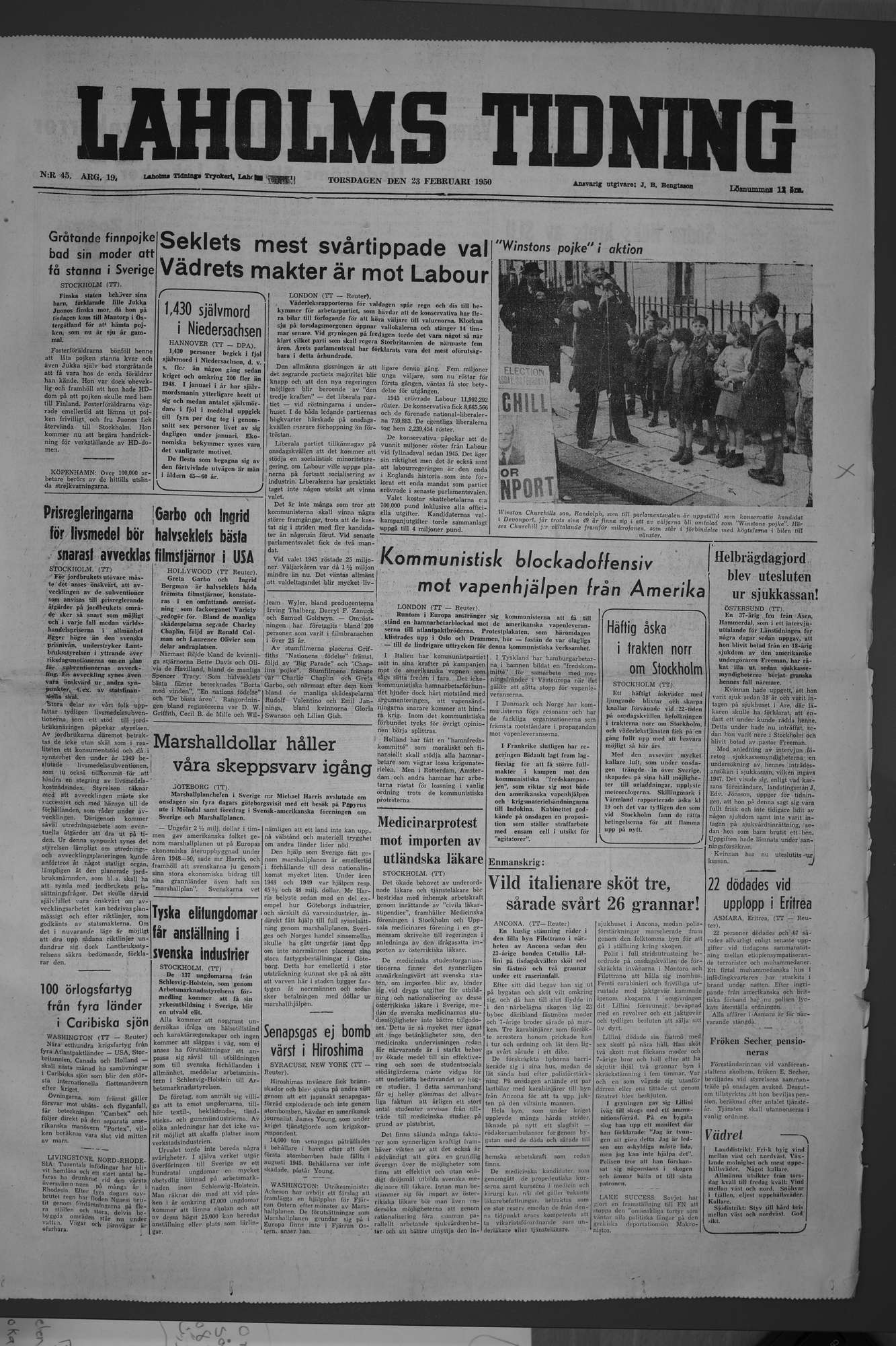 Laholms Tidning Torsdag 23 februari 1950, sida 1