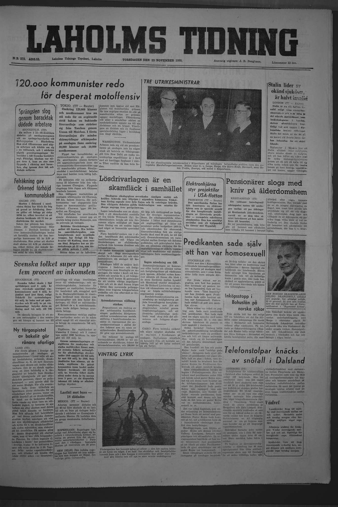 Laholms Tidning Torsdag 23 november 1950, sida 1