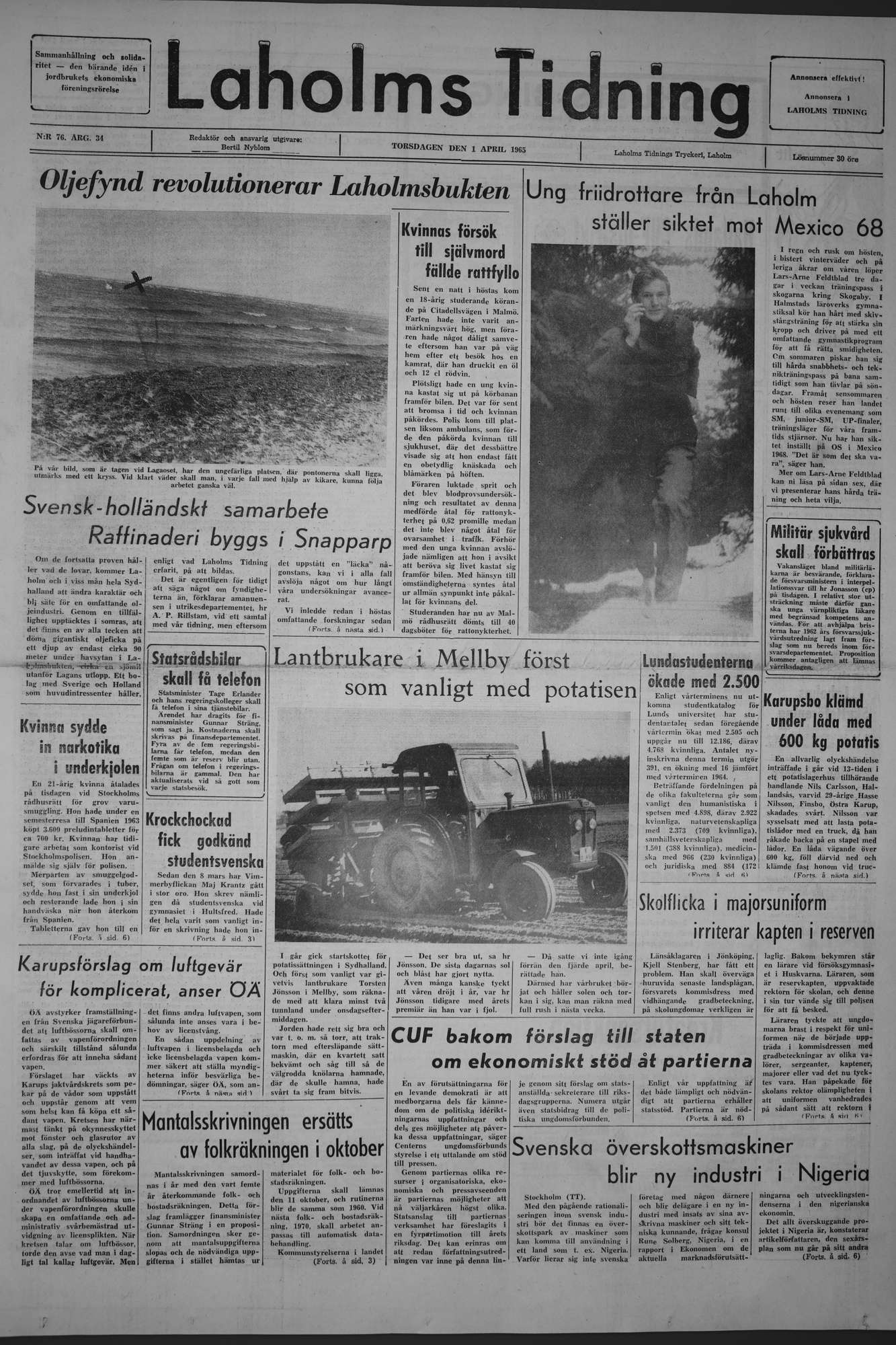 Laholms Tidning Torsdag 1 april 1965, sida 1