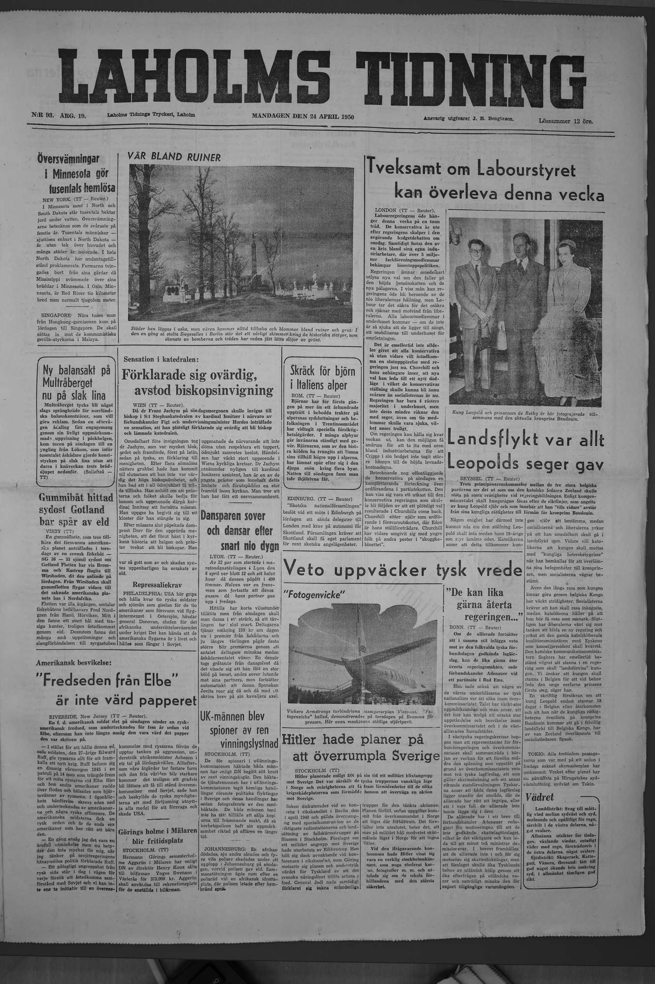 Laholms Tidning Måndag 24 april 1950, sida 1