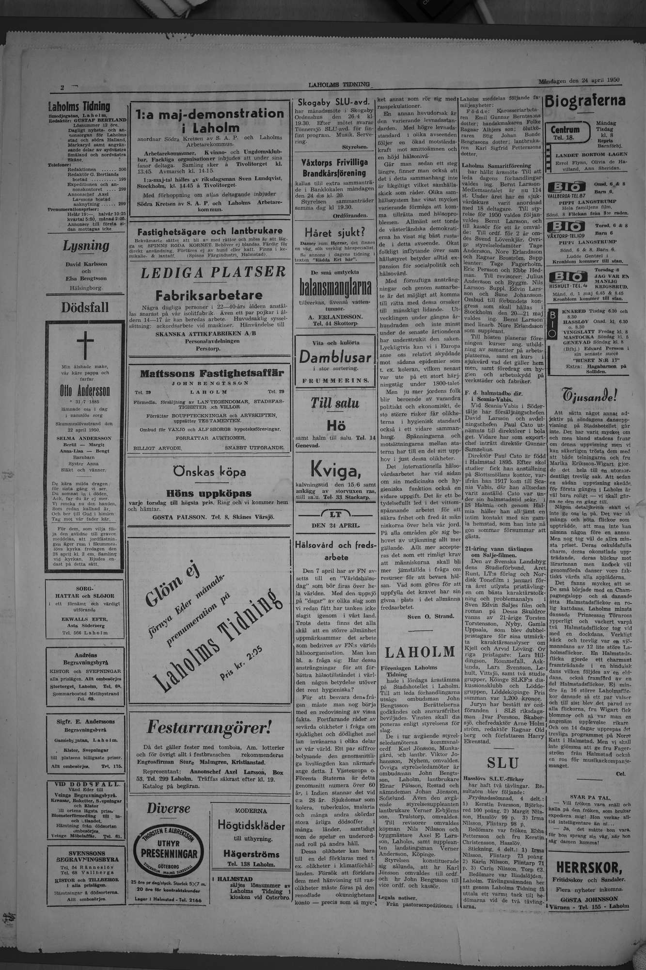 Laholms Tidning Måndag 24 april 1950, sida 2