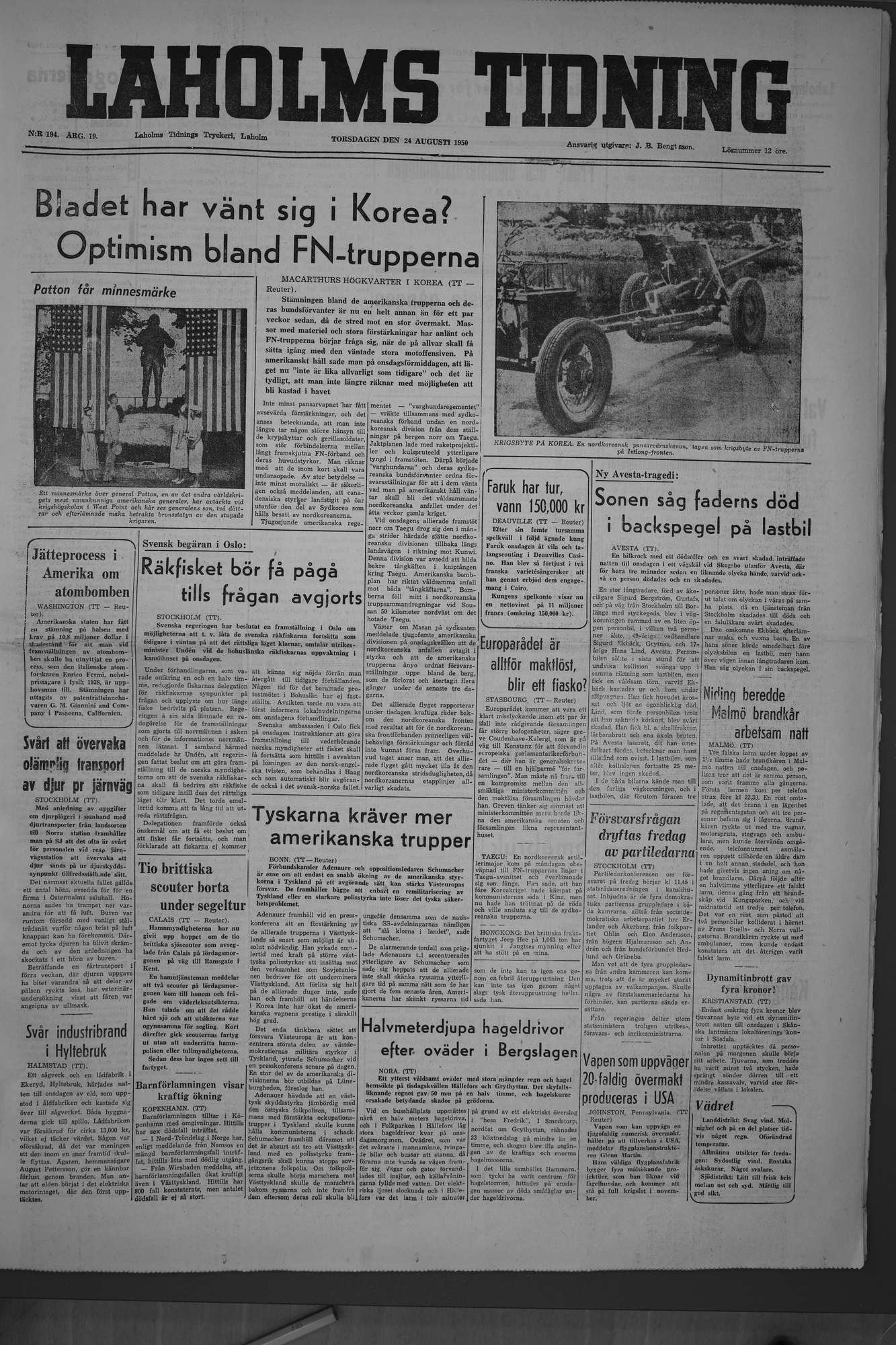 Laholms Tidning Torsdag 24 augusti 1950, sida 1