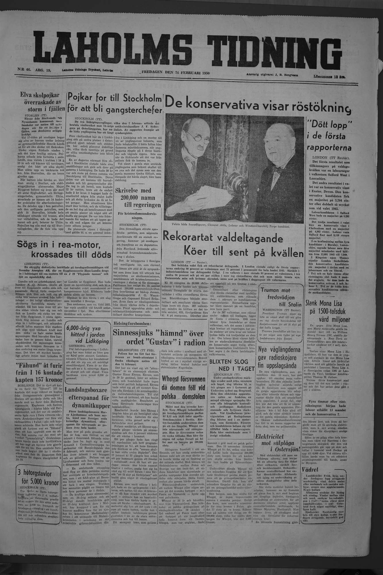 Laholms Tidning Fredag 24 februari 1950, sida 1
