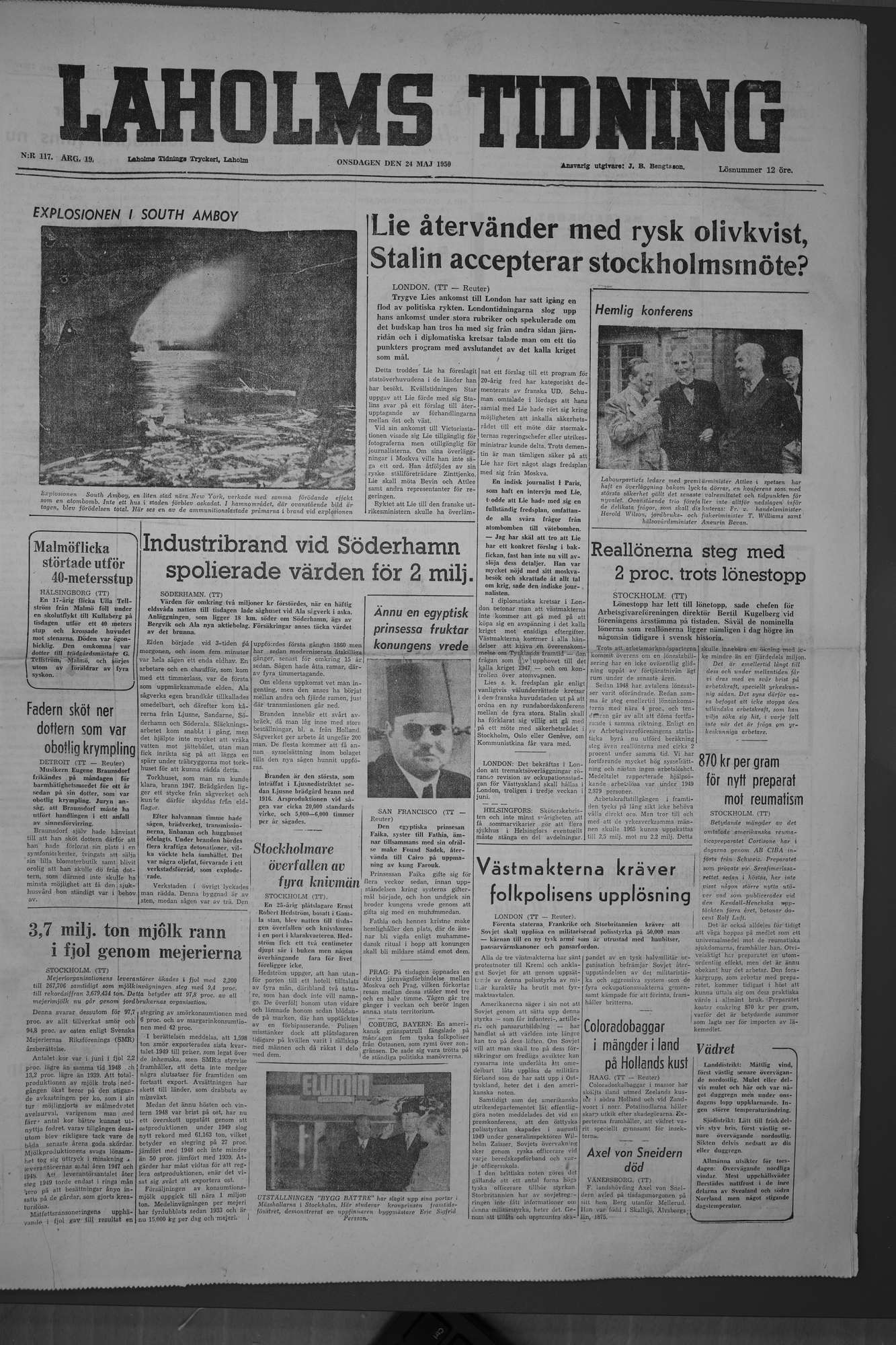 Laholms Tidning Onsdag 24 maj 1950, sida 1