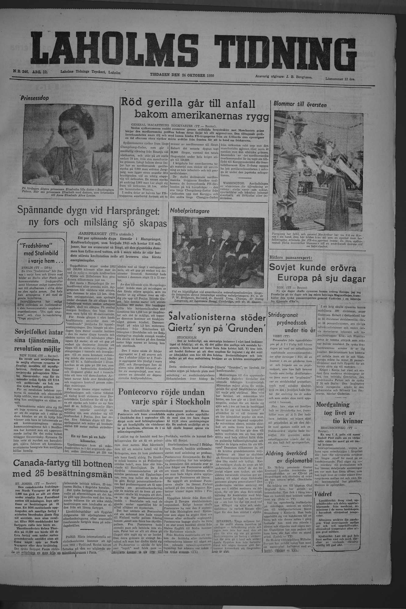 Laholms Tidning Tisdag 24 oktober 1950, sida 1