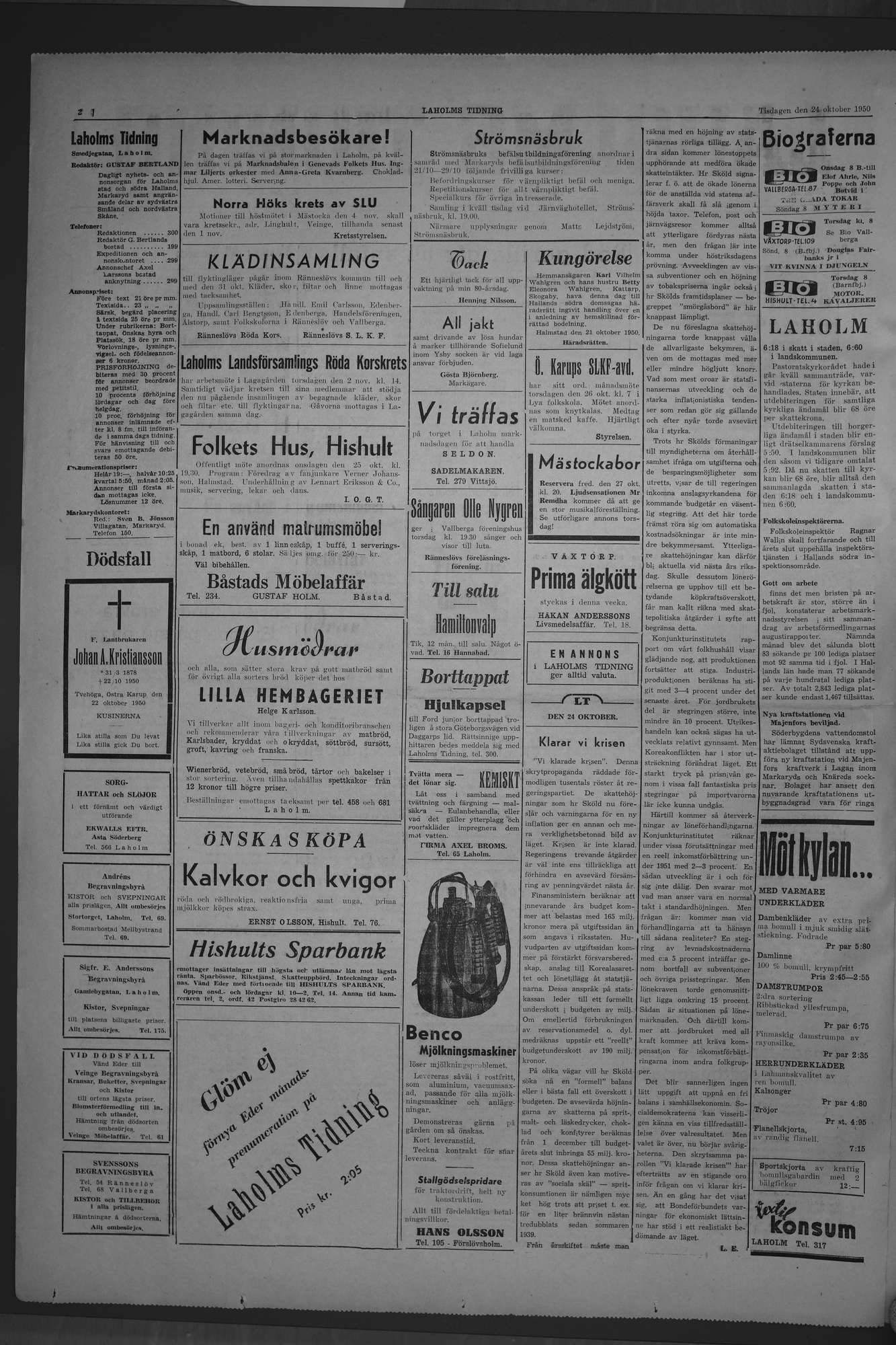 Laholms Tidning Tisdag 24 oktober 1950, sida 2