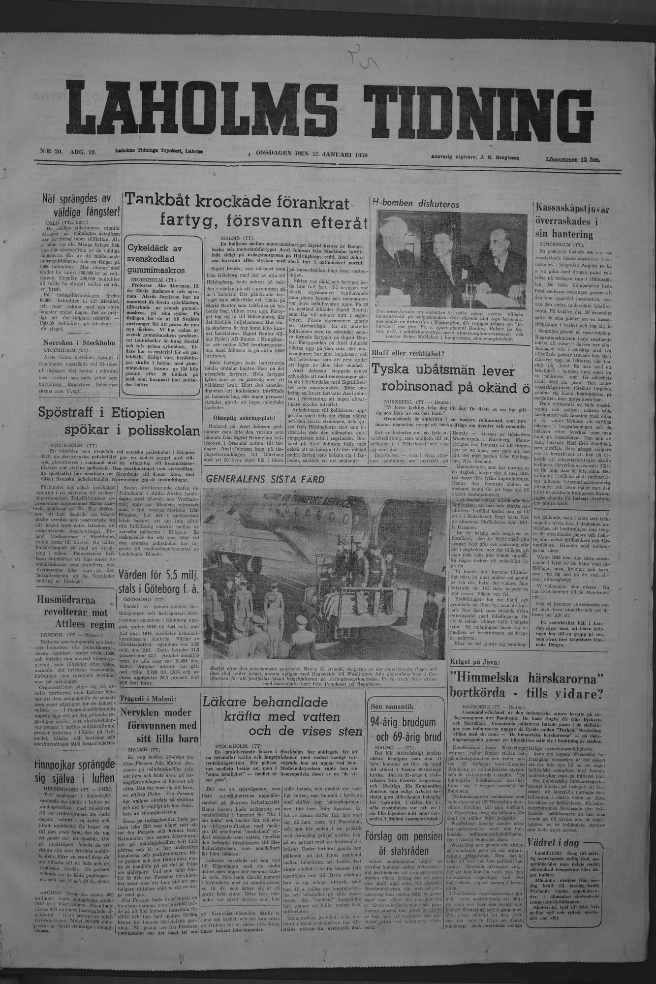 Laholms Tidning Onsdag 25 januari 1950, sida 1