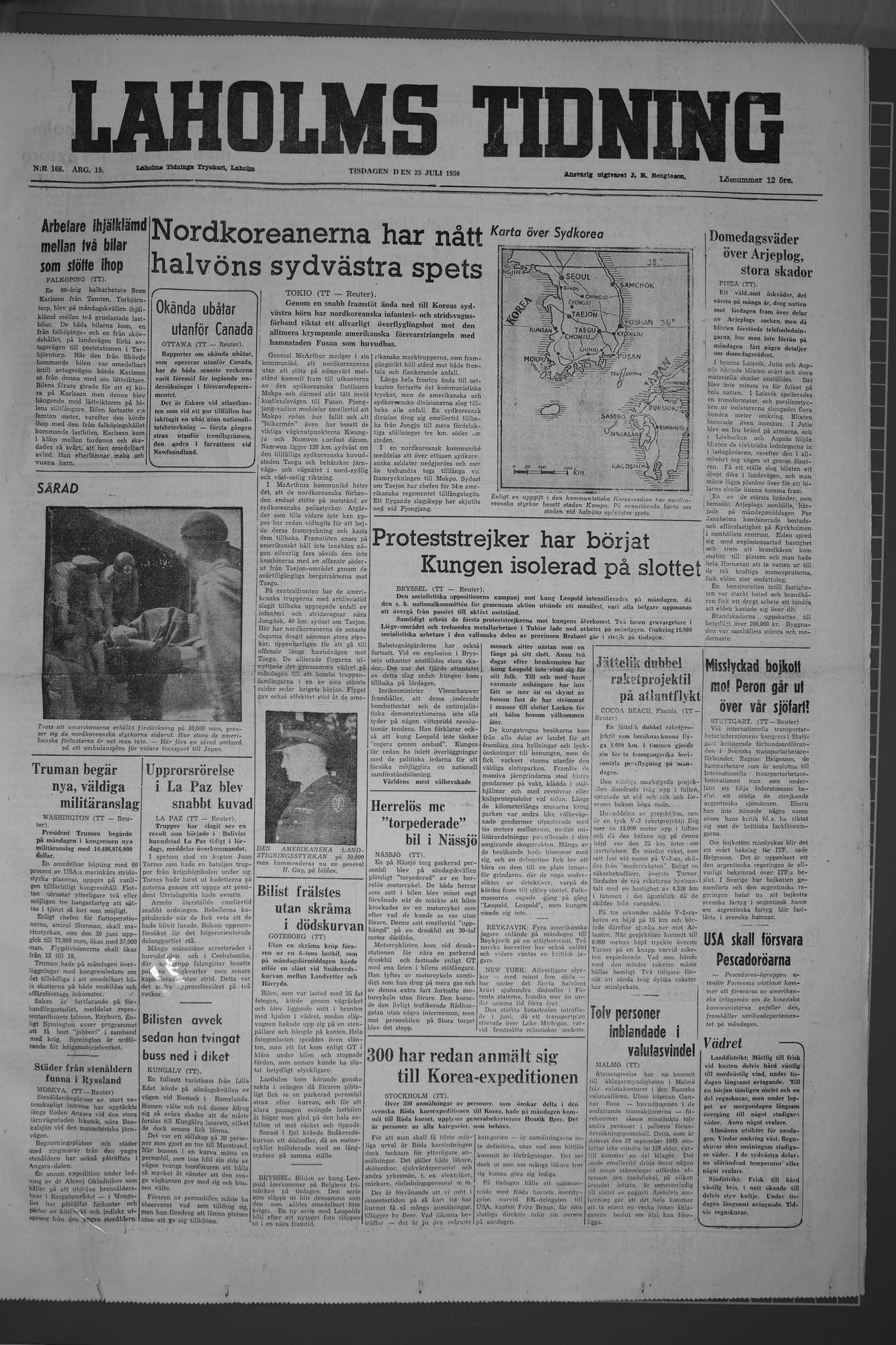 Laholms Tidning Tisdag 25 juli 1950, sida 1