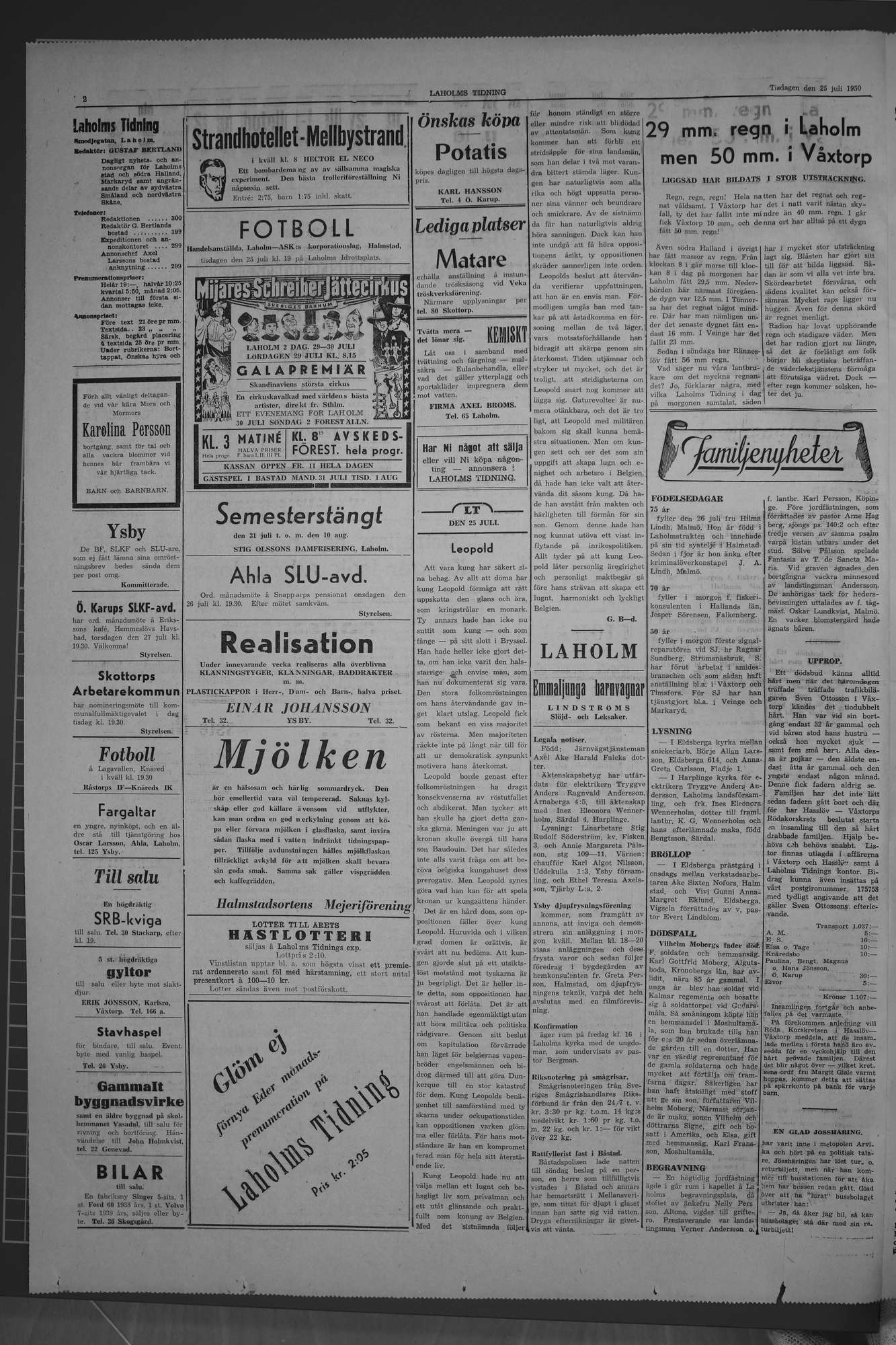 Laholms Tidning Tisdag 25 juli 1950, sida 2
