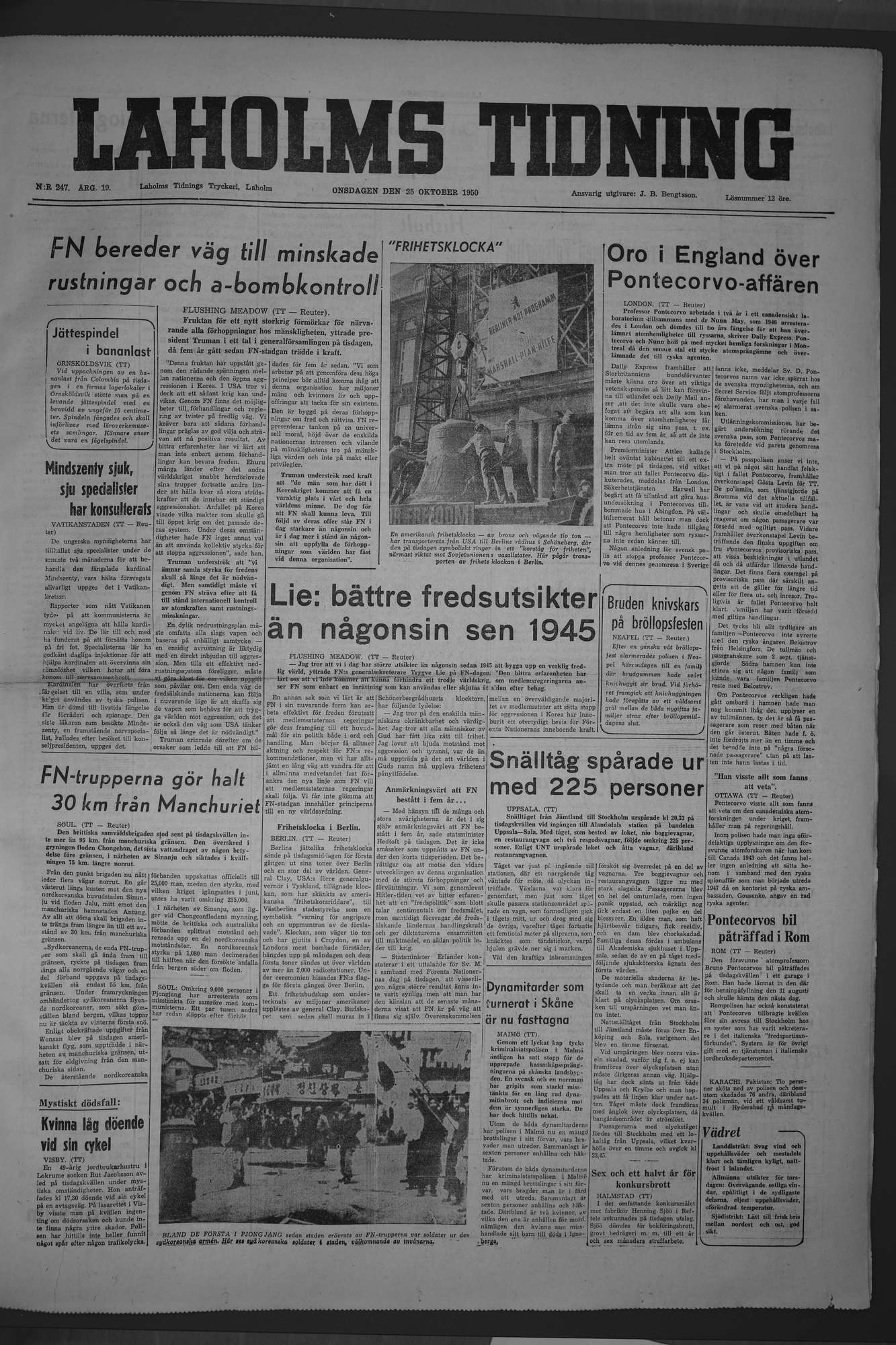 Laholms Tidning Onsdag 25 oktober 1950, sida 1
