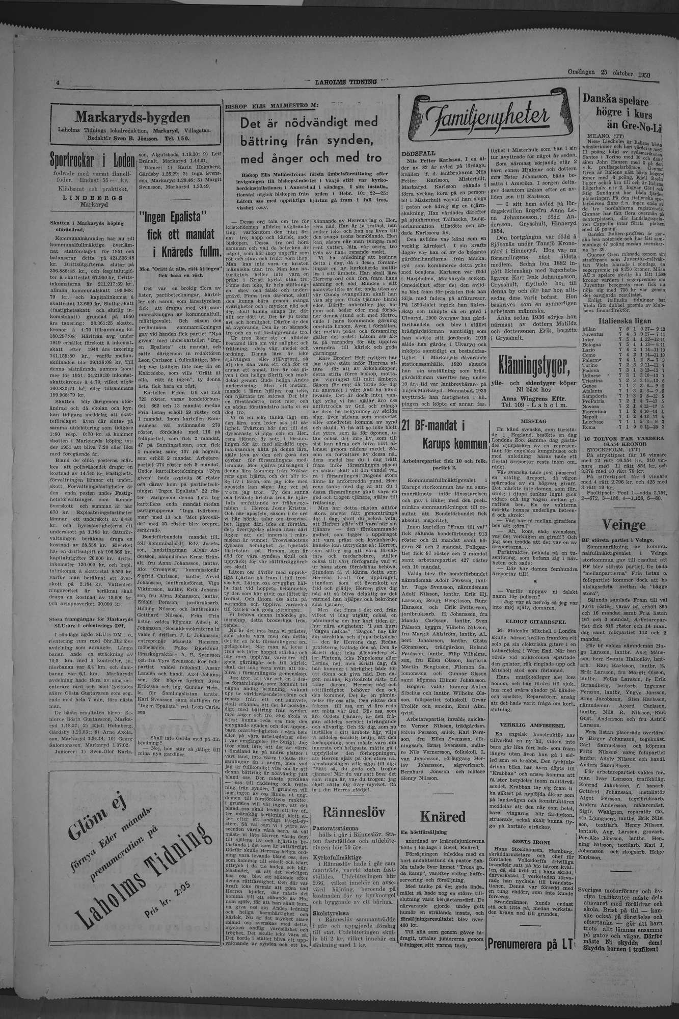 Laholms Tidning Onsdag 25 oktober 1950, sida 4