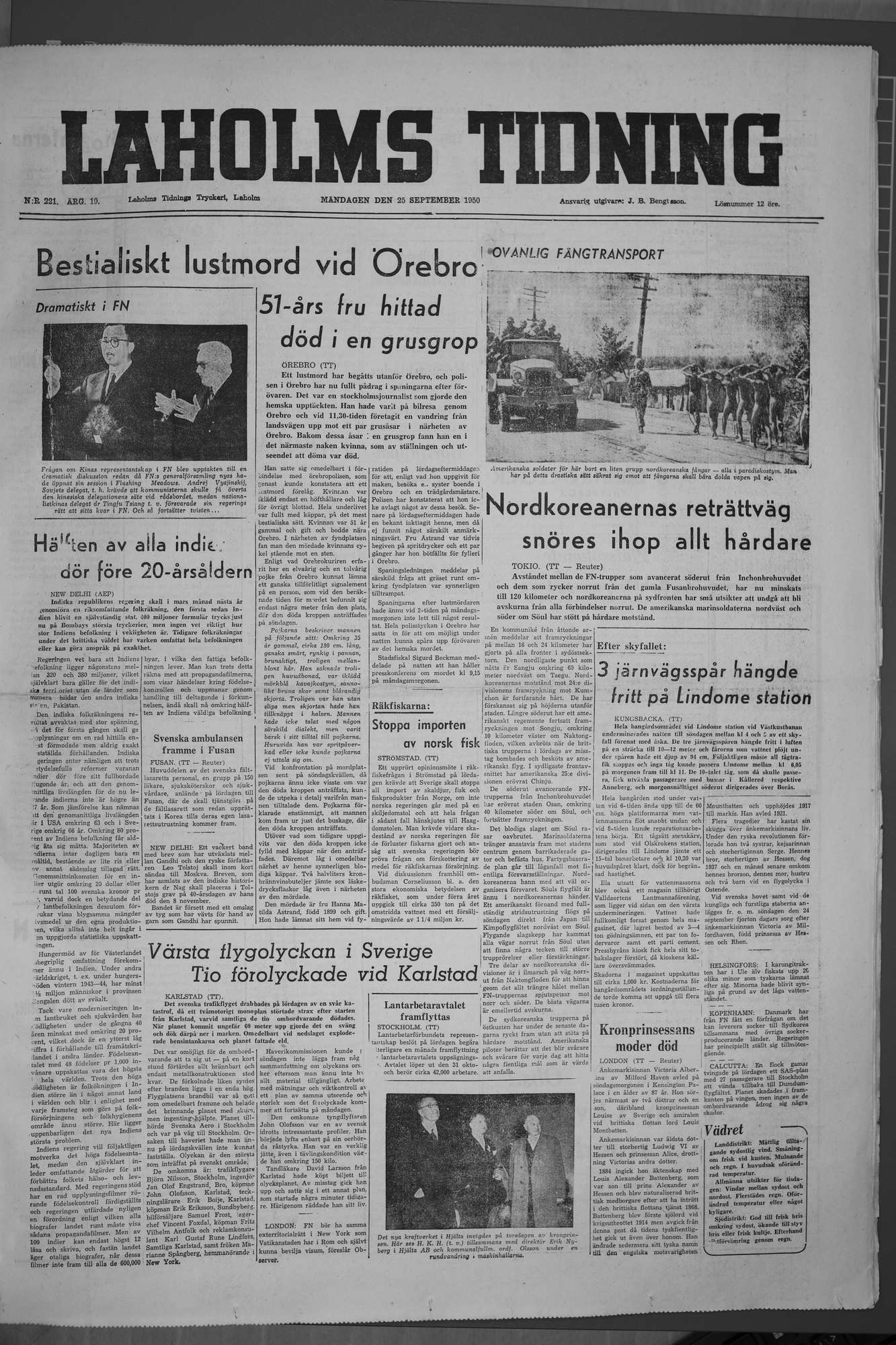 Laholms Tidning Måndag 25 september 1950, sida 1