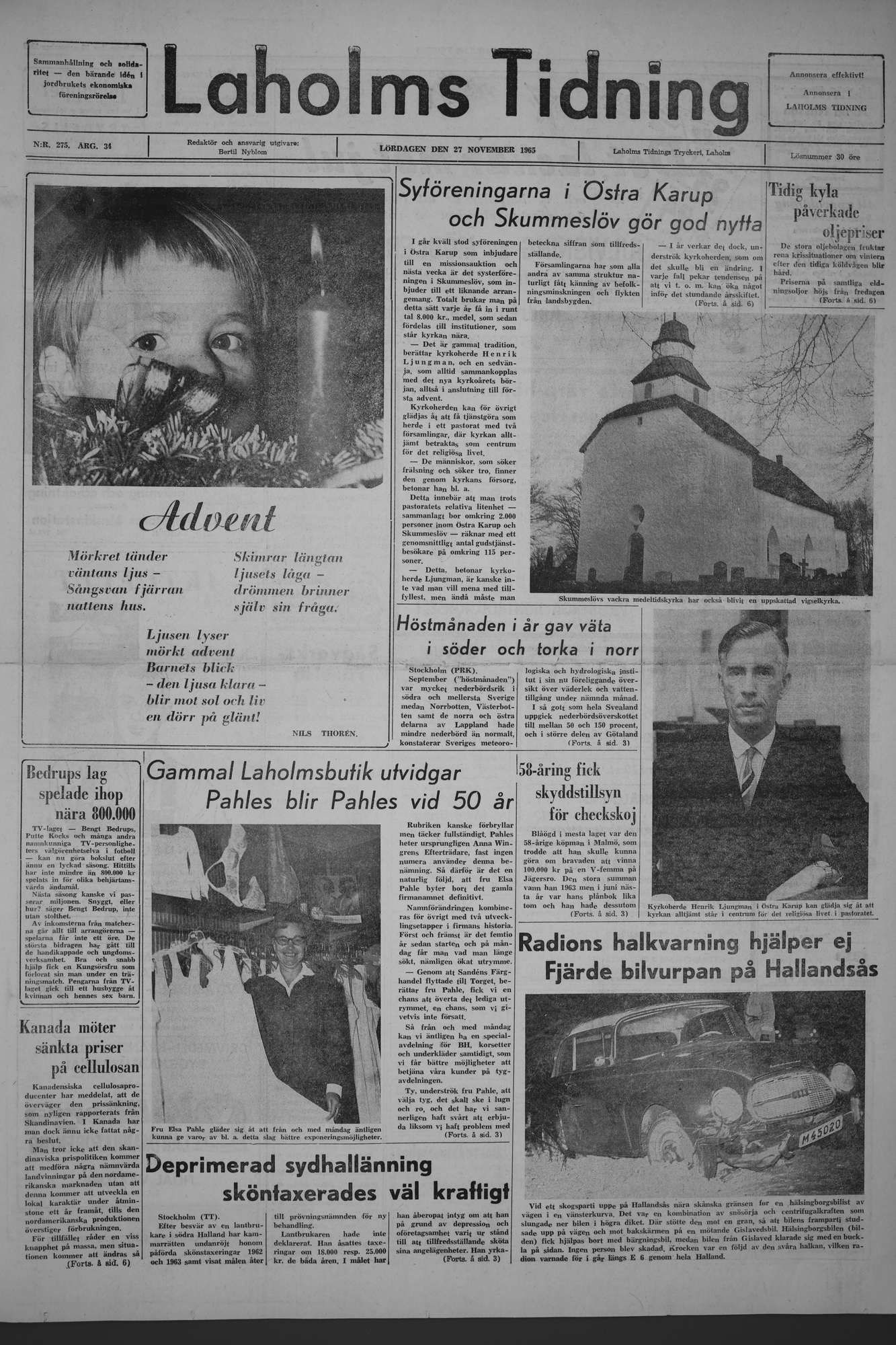 Laholms Tidning Lördag 27 november 1965, sida 1
