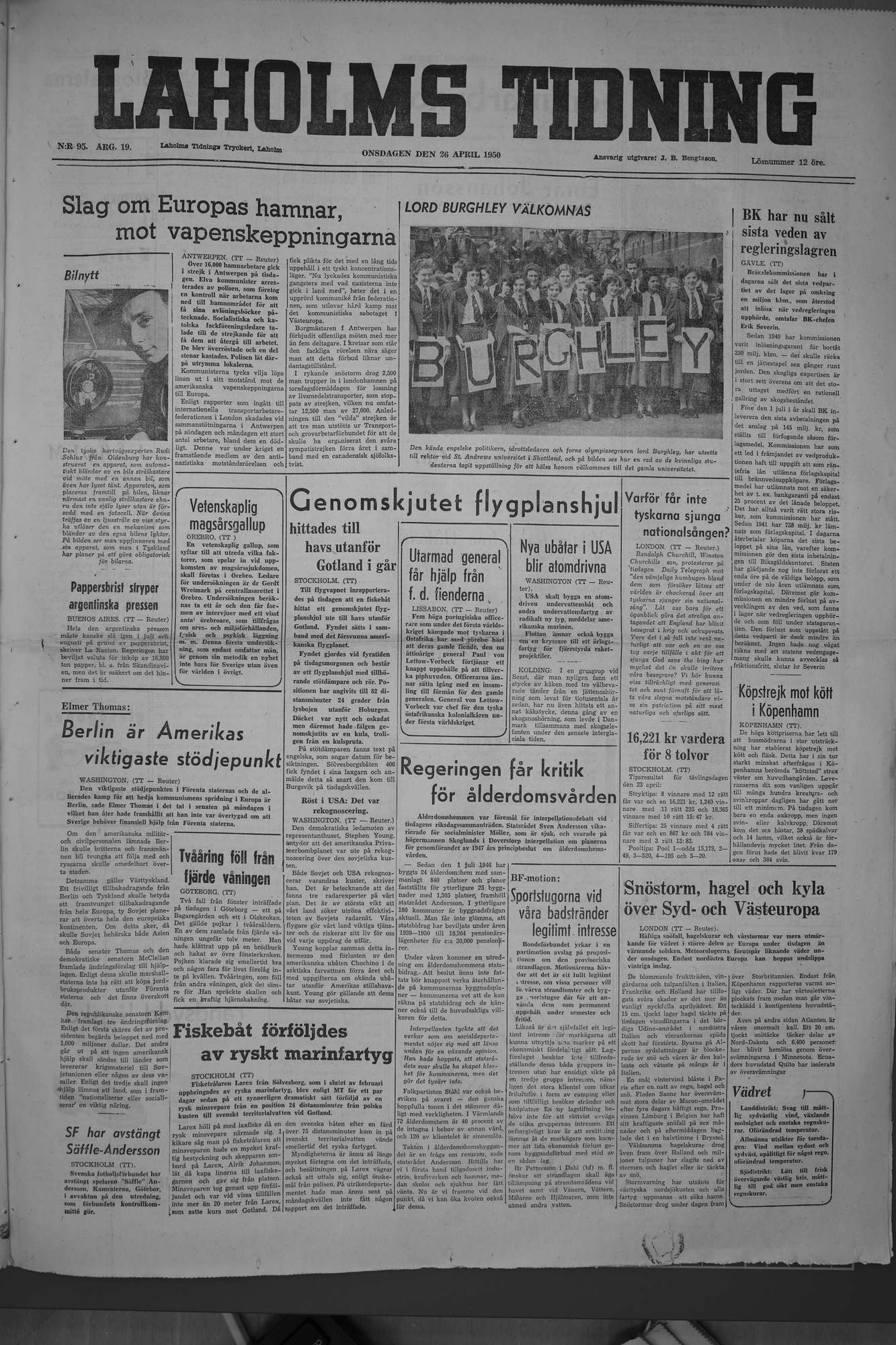 Laholms Tidning Onsdag 26 april 1950, sida 1