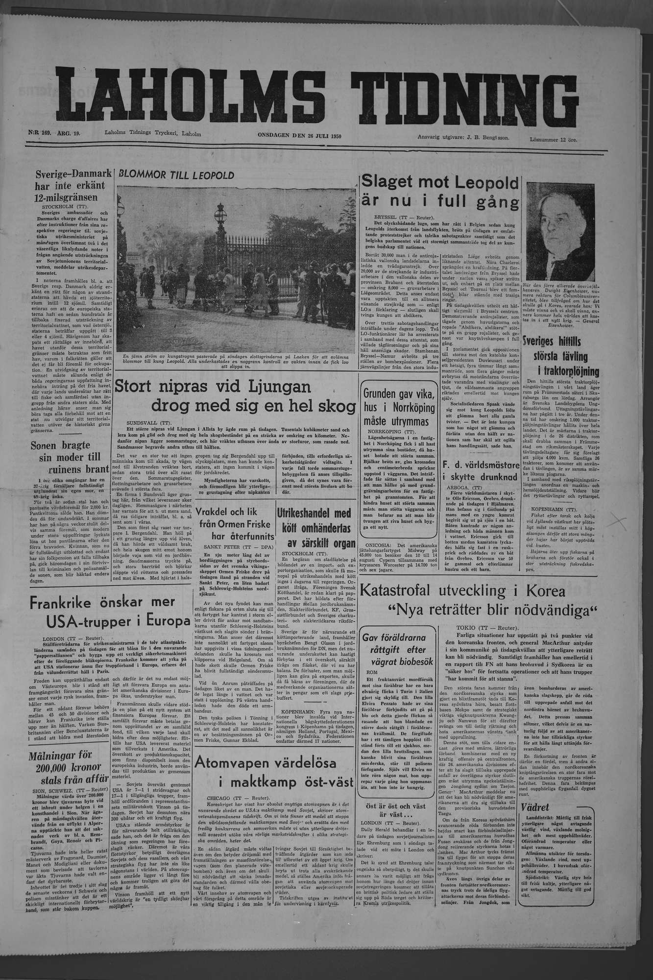 Laholms Tidning Onsdag 26 juli 1950, sida 1