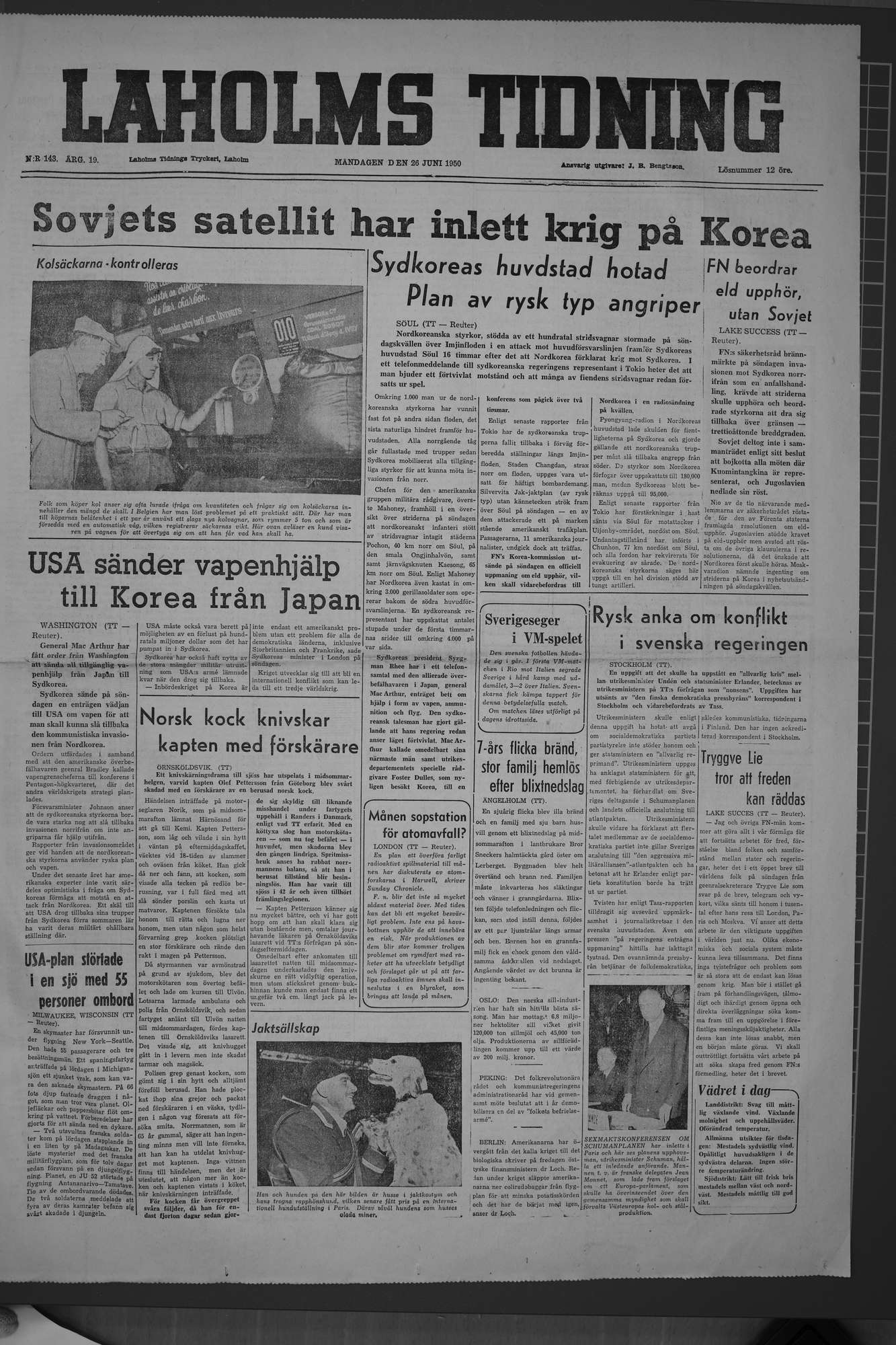 Laholms Tidning Måndag 26 juni 1950, sida 1