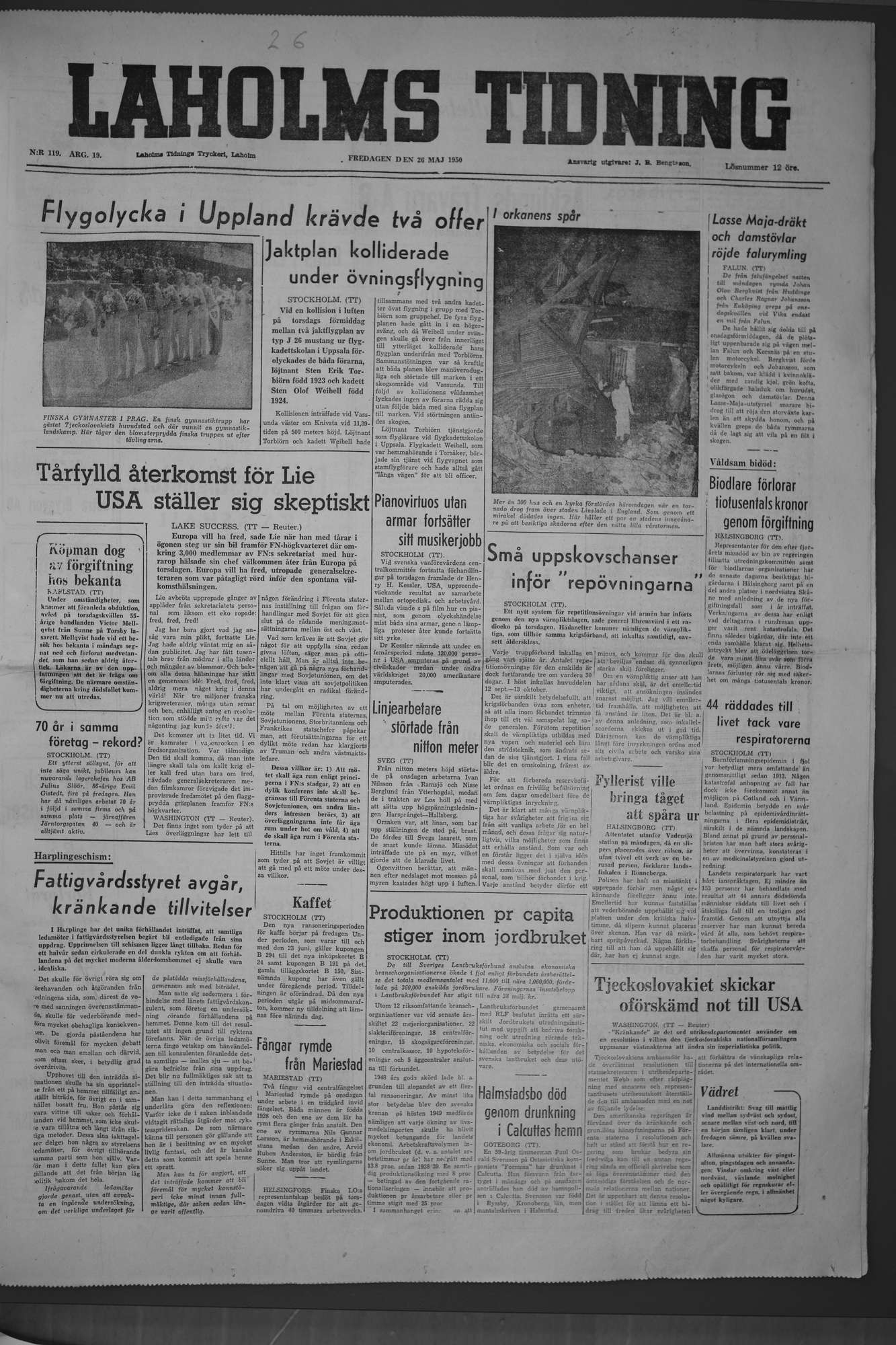 Laholms Tidning Fredag 26 maj 1950, sida 1