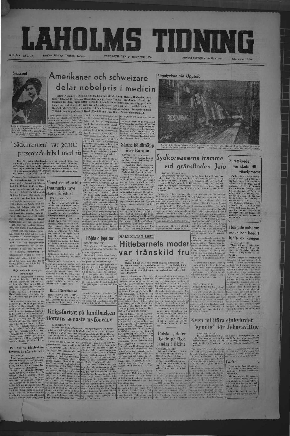 Laholms Tidning Fredag 27 oktober 1950, sida 1