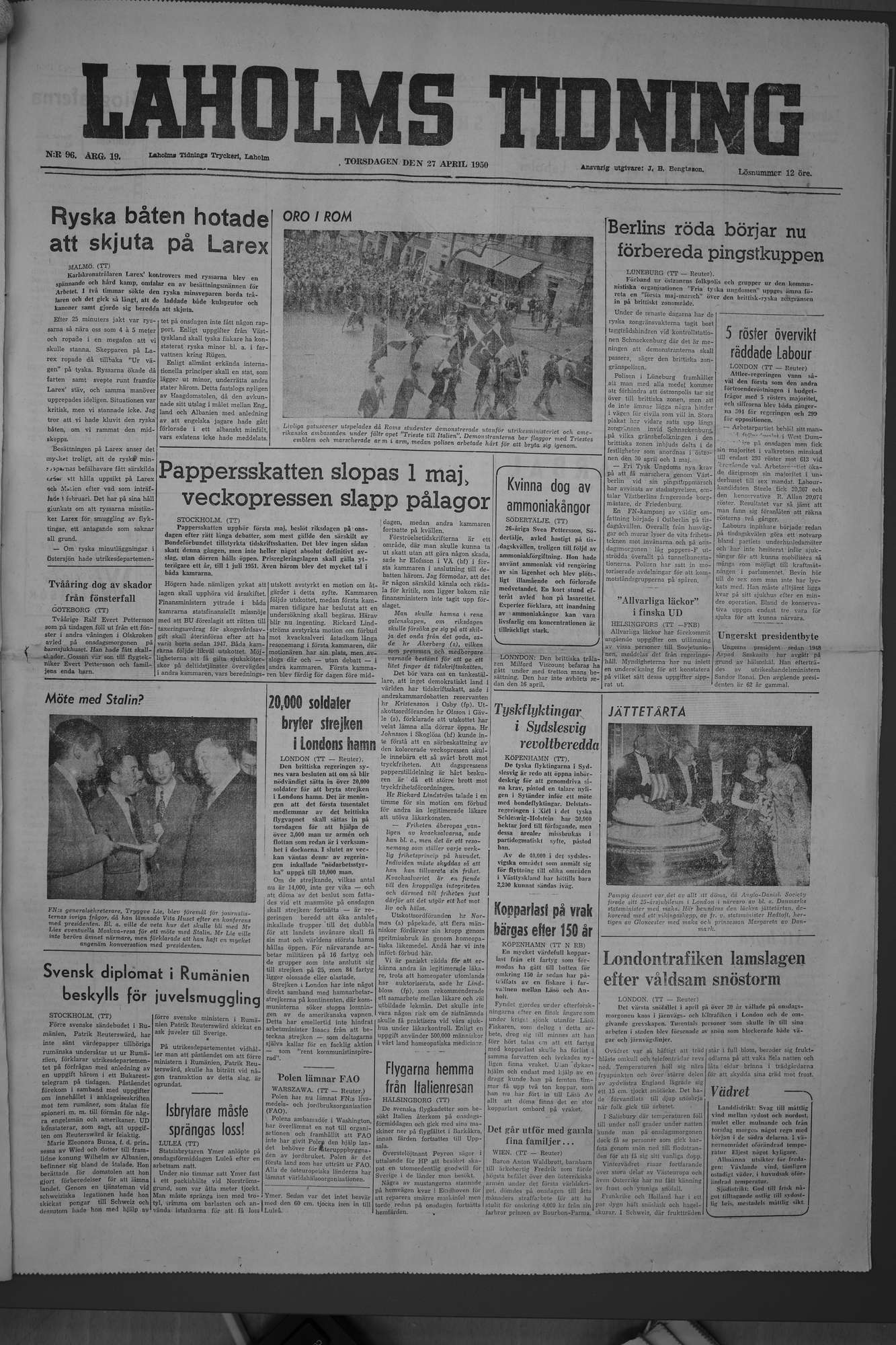 Laholms Tidning Torsdag 27 april 1950, sida 1