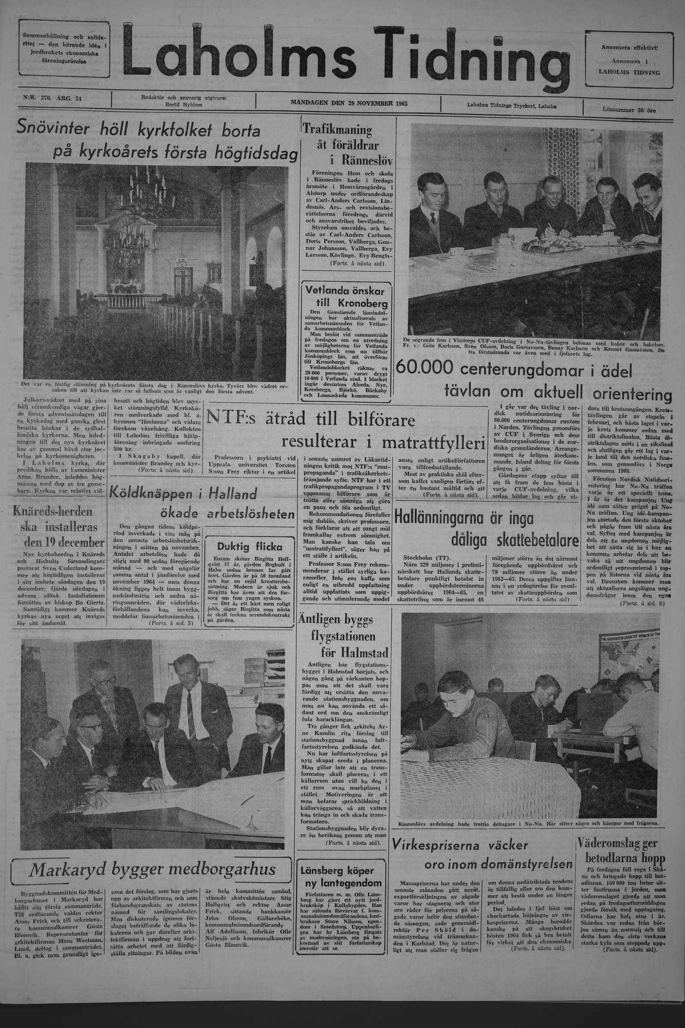 Laholms Tidning Måndag 29 november 1965, sida 1