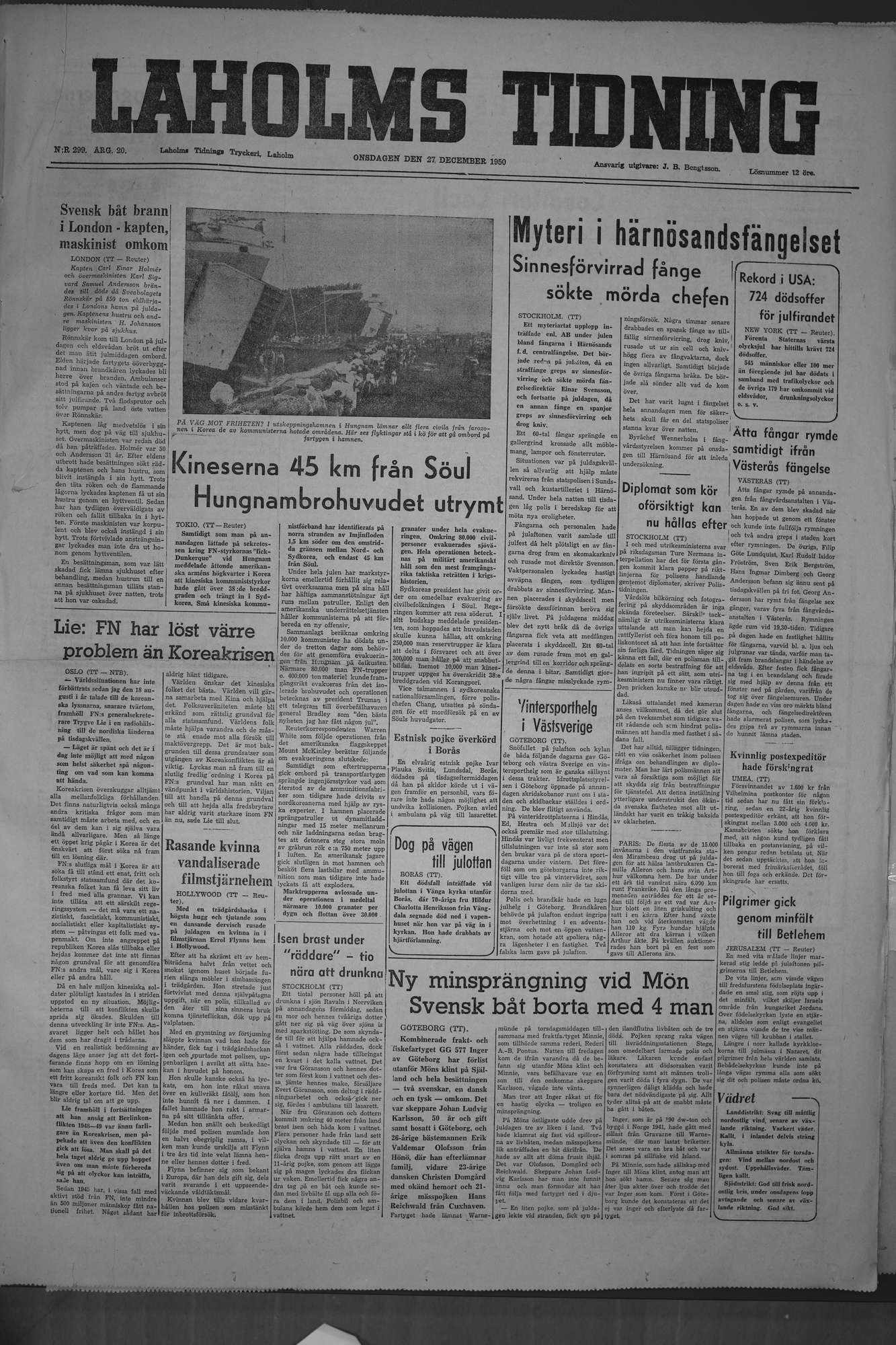 Laholms Tidning Onsdag 27 december 1950, sida 1