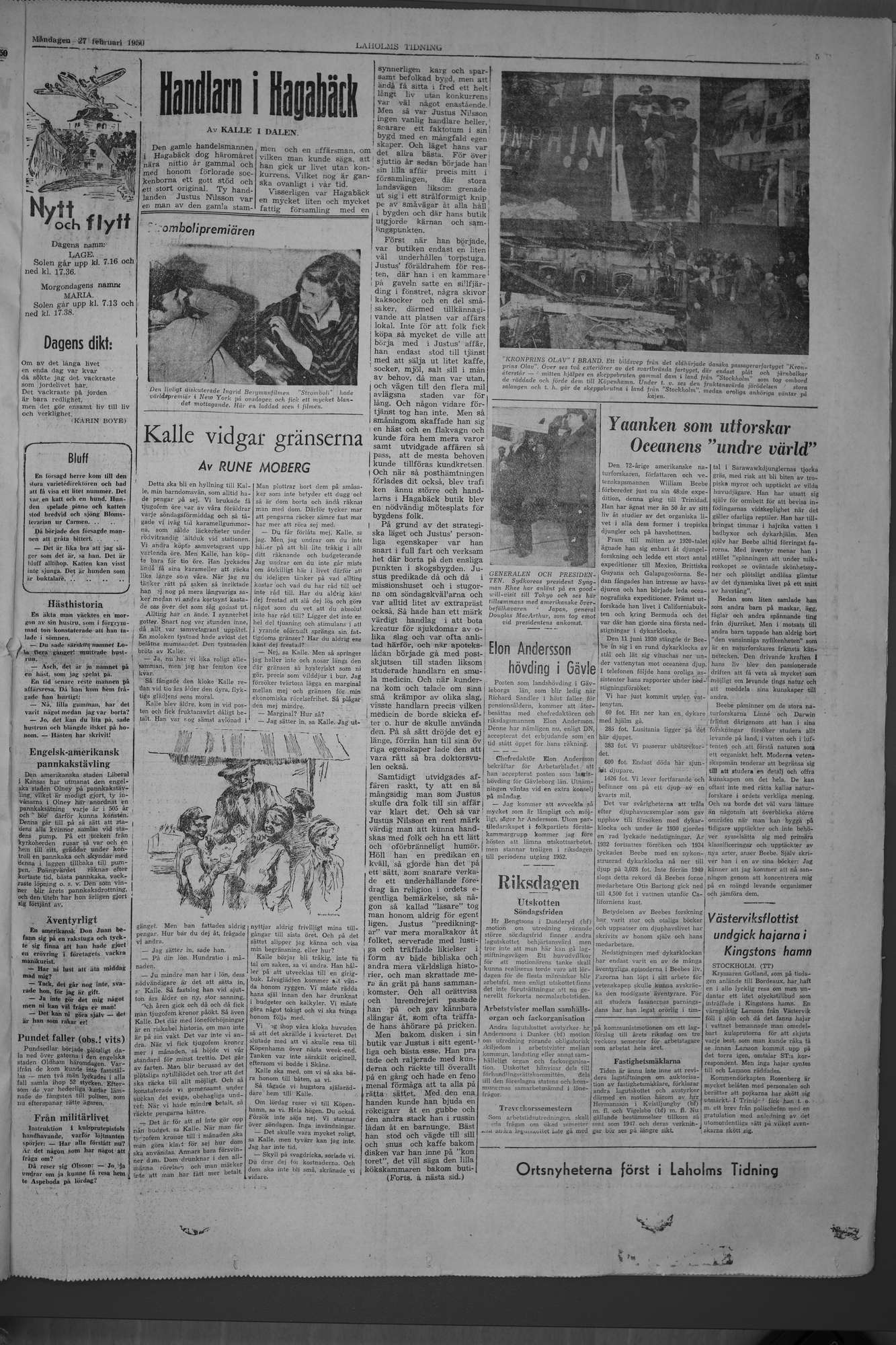 Laholms Tidning Måndag 27 februari 1950, sida 5
