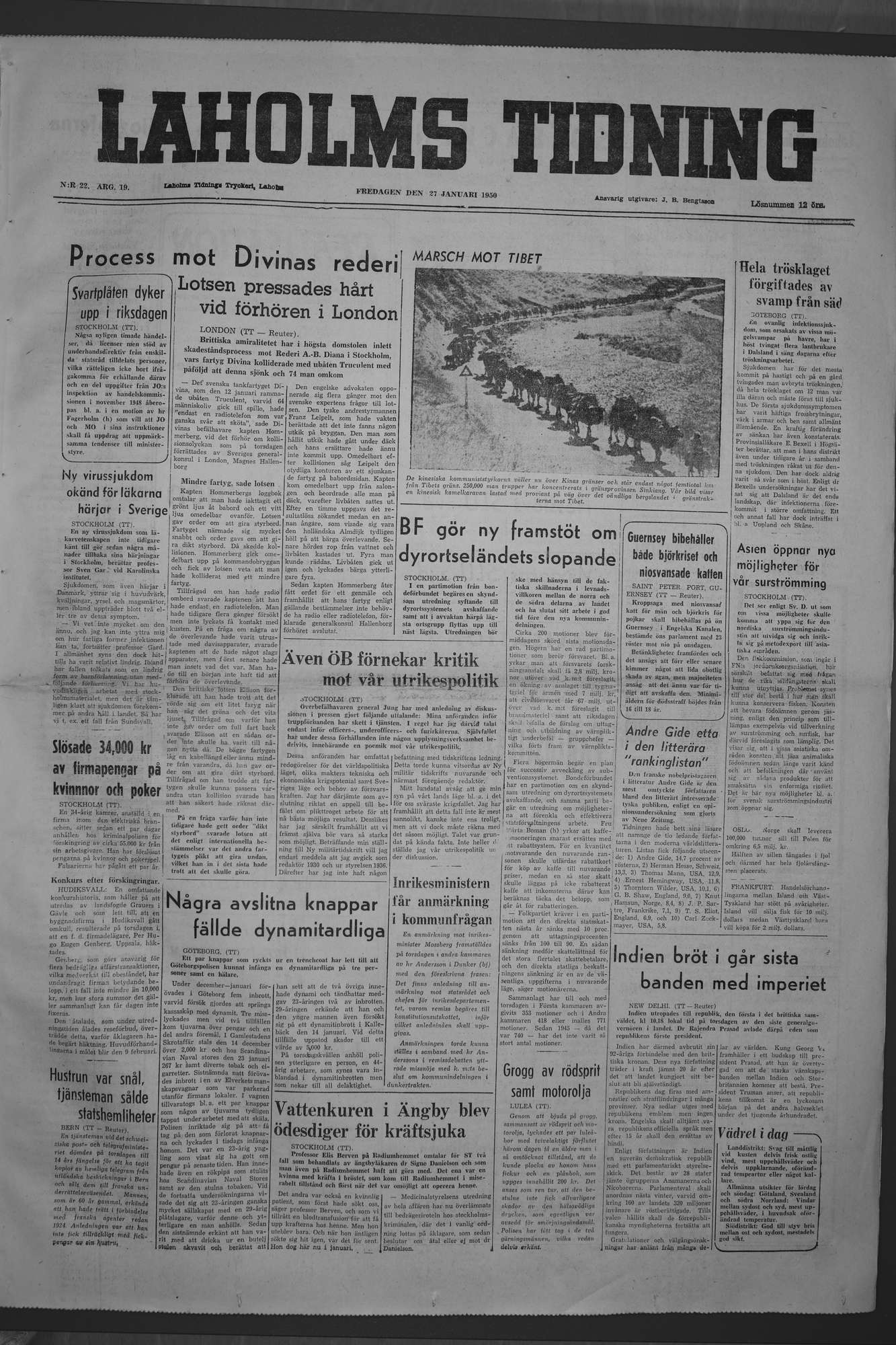 Laholms Tidning Fredag 27 januari 1950, sida 1
