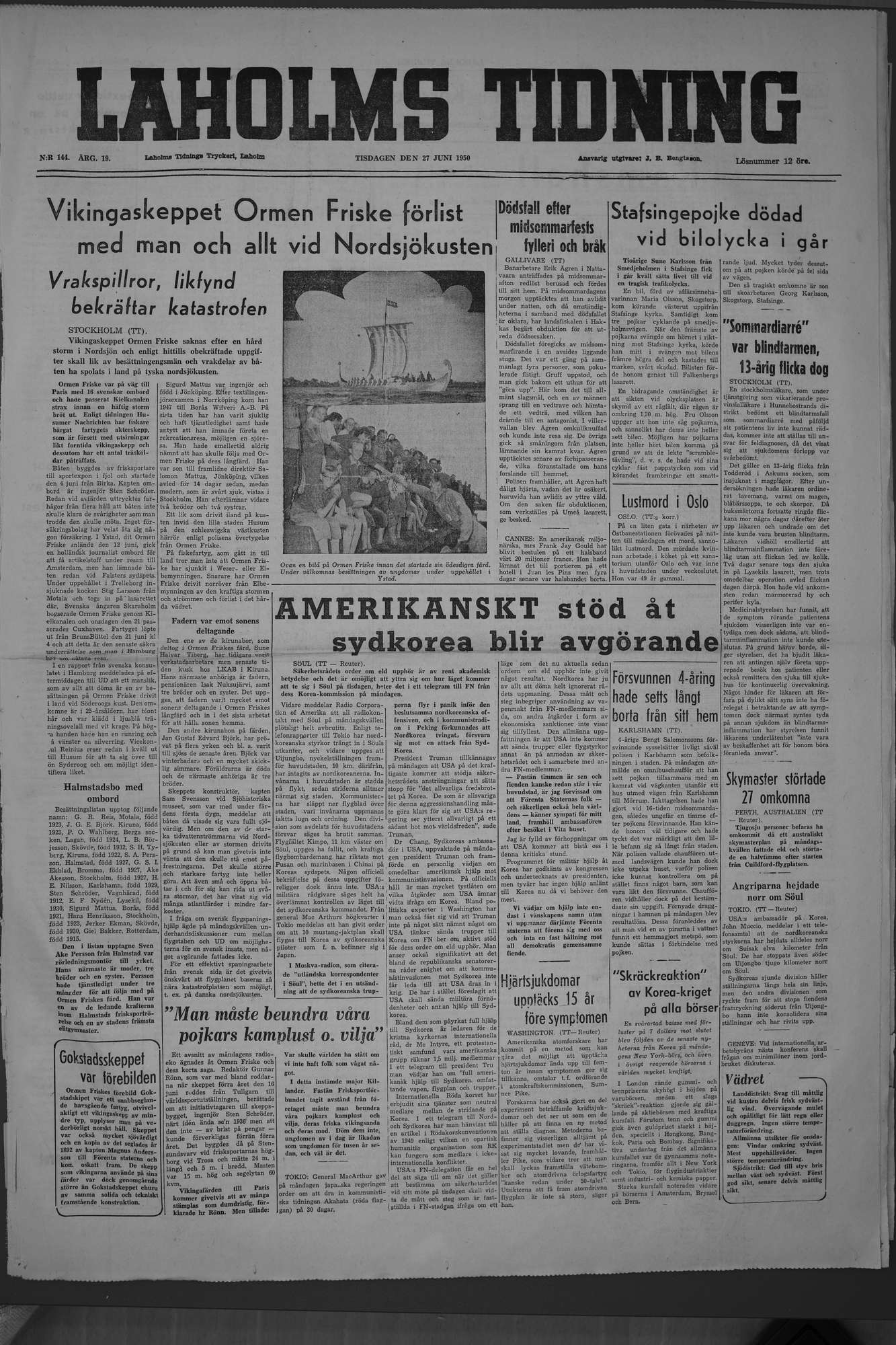Laholms Tidning Tisdag 27 juni 1950, sida 1