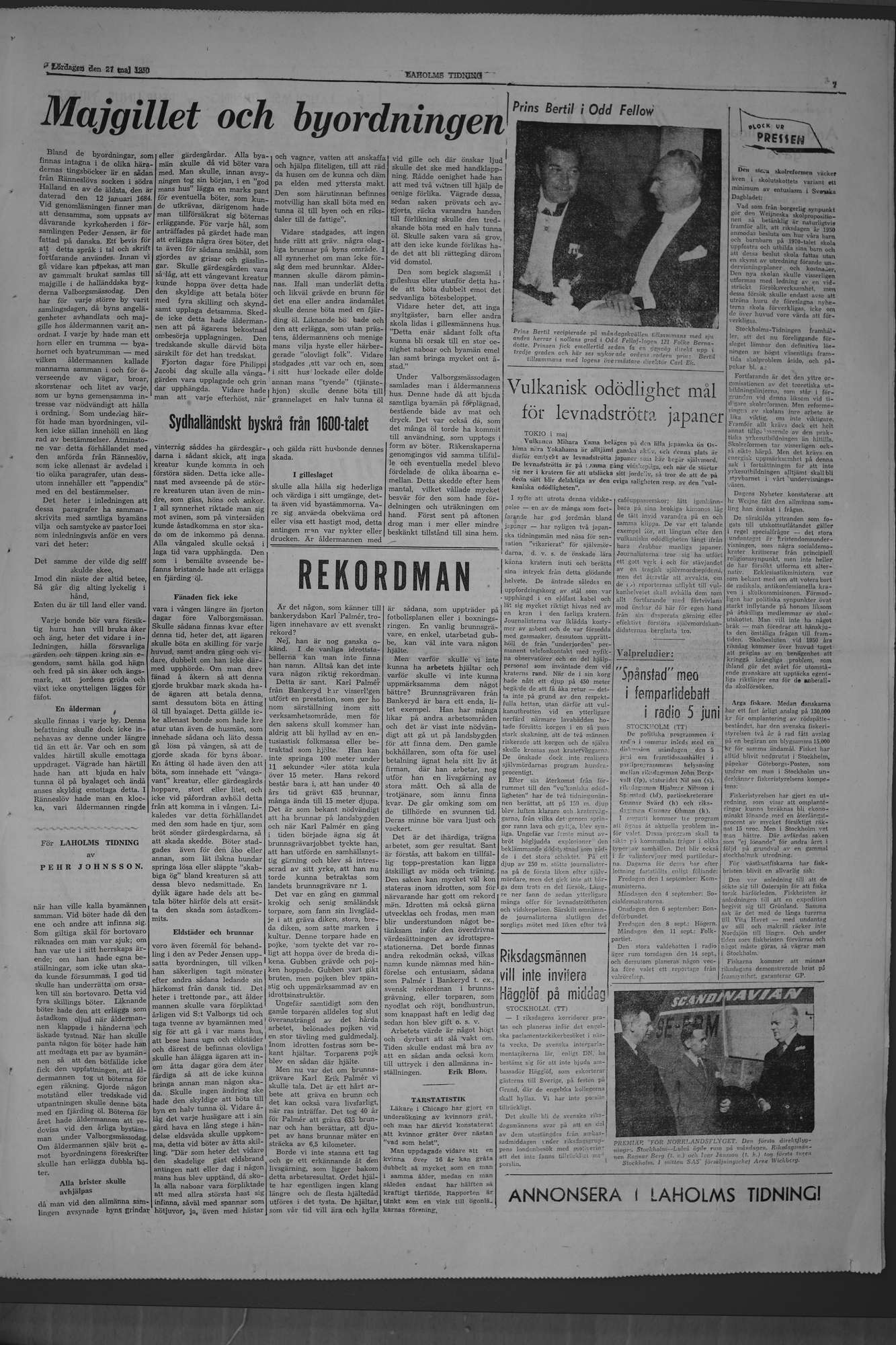 Laholms Tidning Lördag 27 maj 1950, sida 1