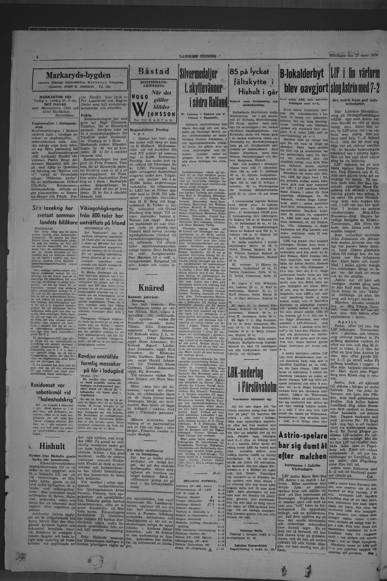 Laholms Tidning Måndag 27 mars 1950, sida 4
