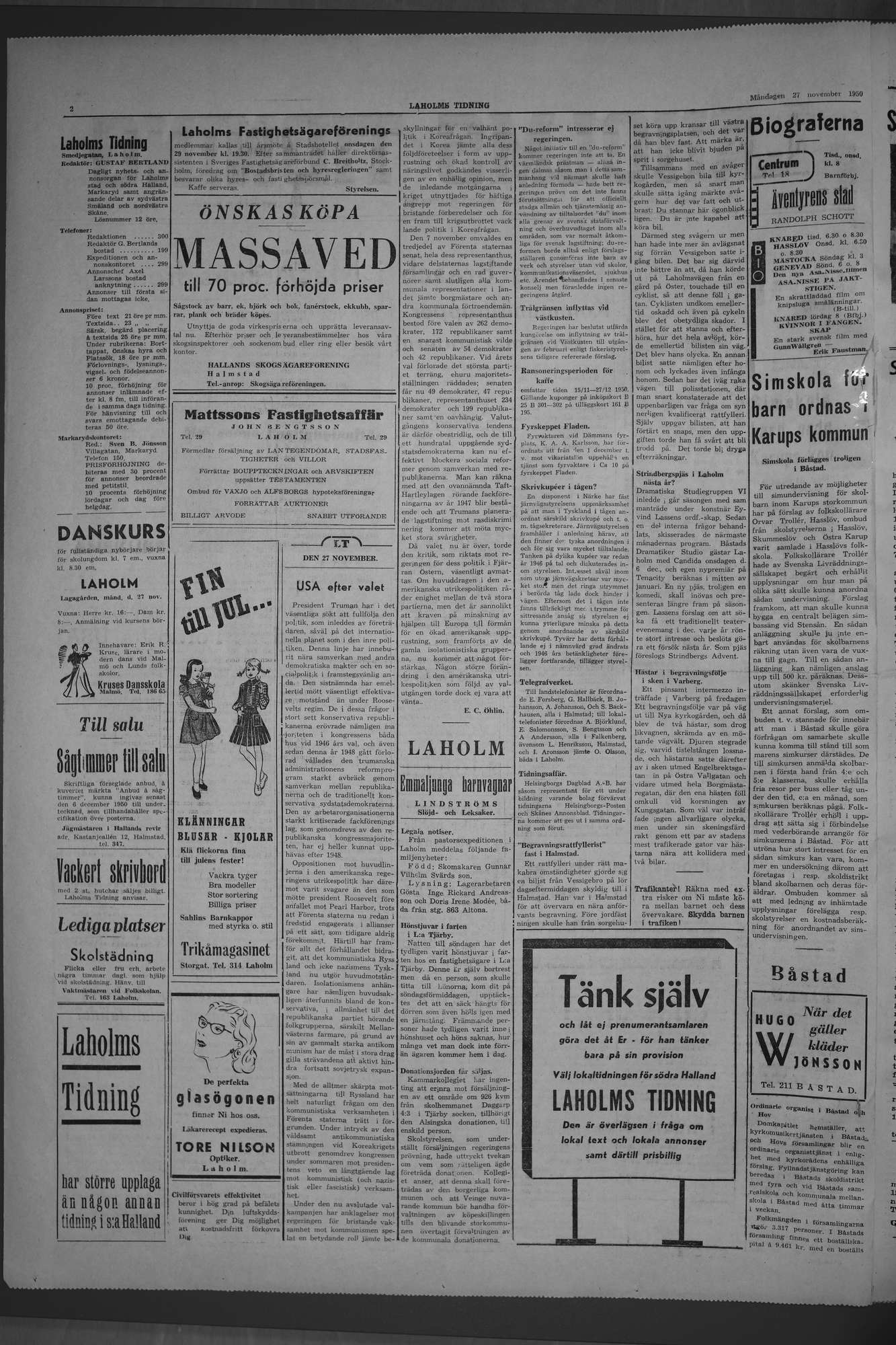 Laholms Tidning Måndag 27 november 1950, sida 2