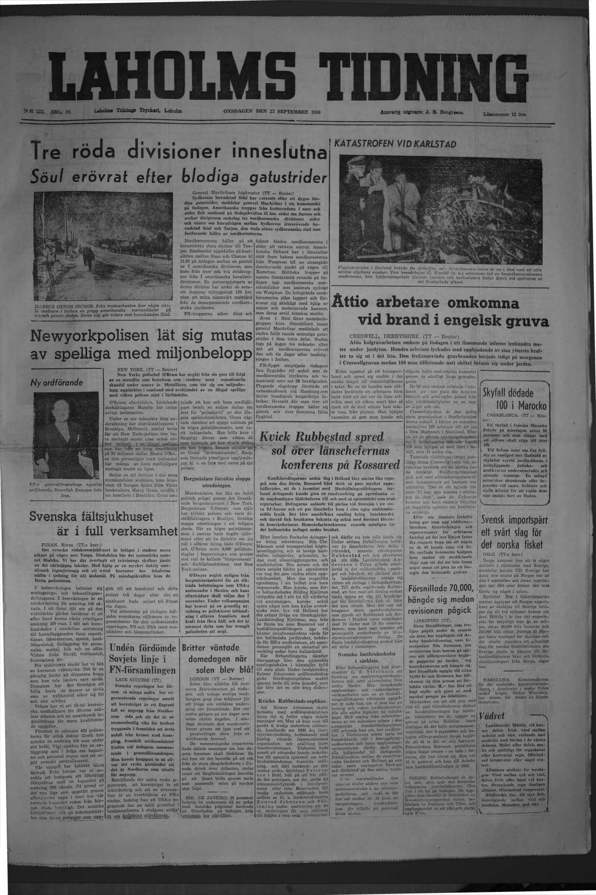 Laholms Tidning Onsdag 27 september 1950, sida 1