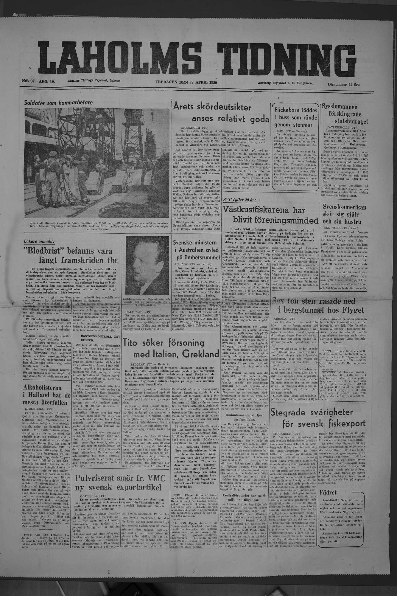 Laholms Tidning Fredag 28 april 1950, sida 1