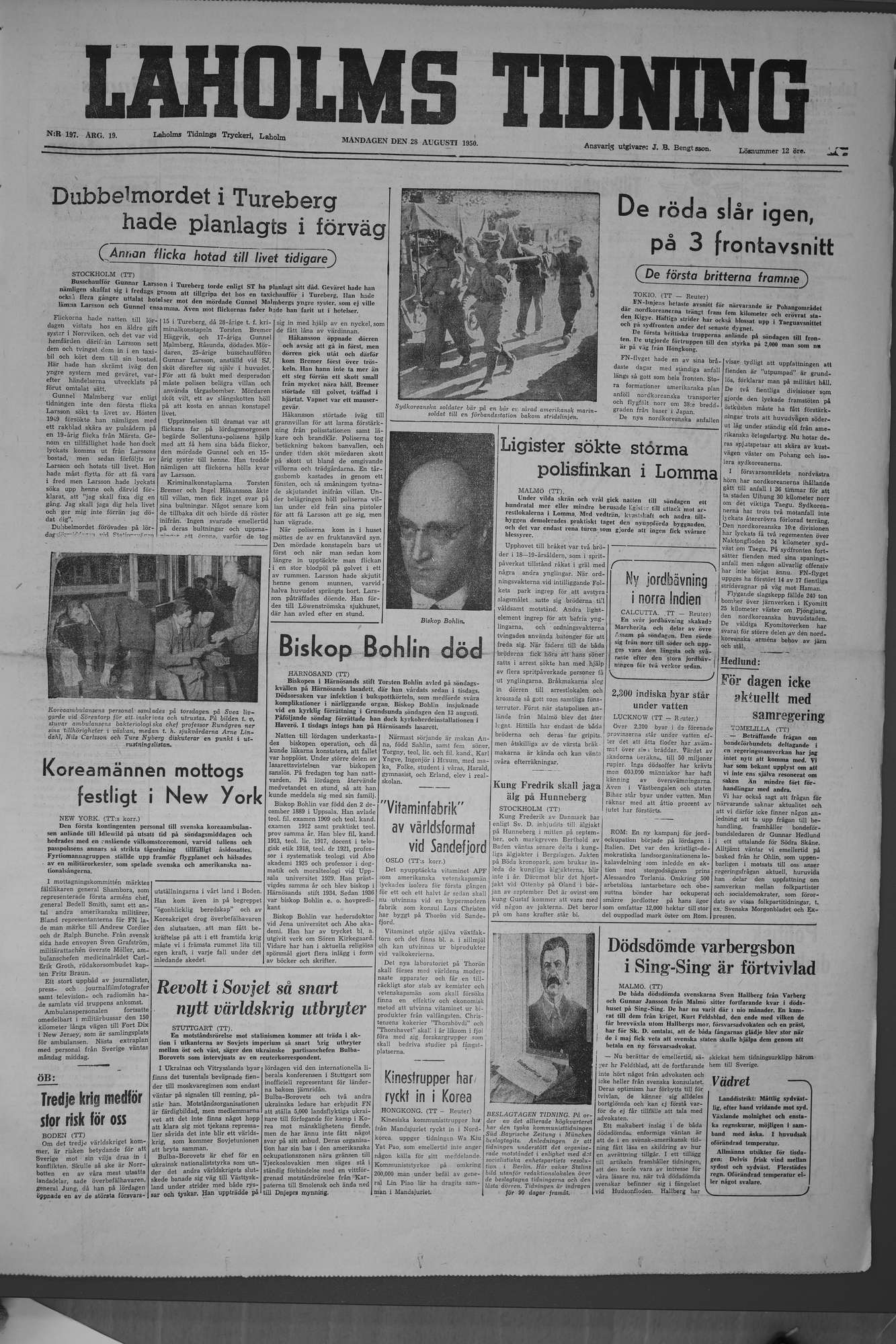 Laholms Tidning Måndag 28 augusti 1950, sida 1