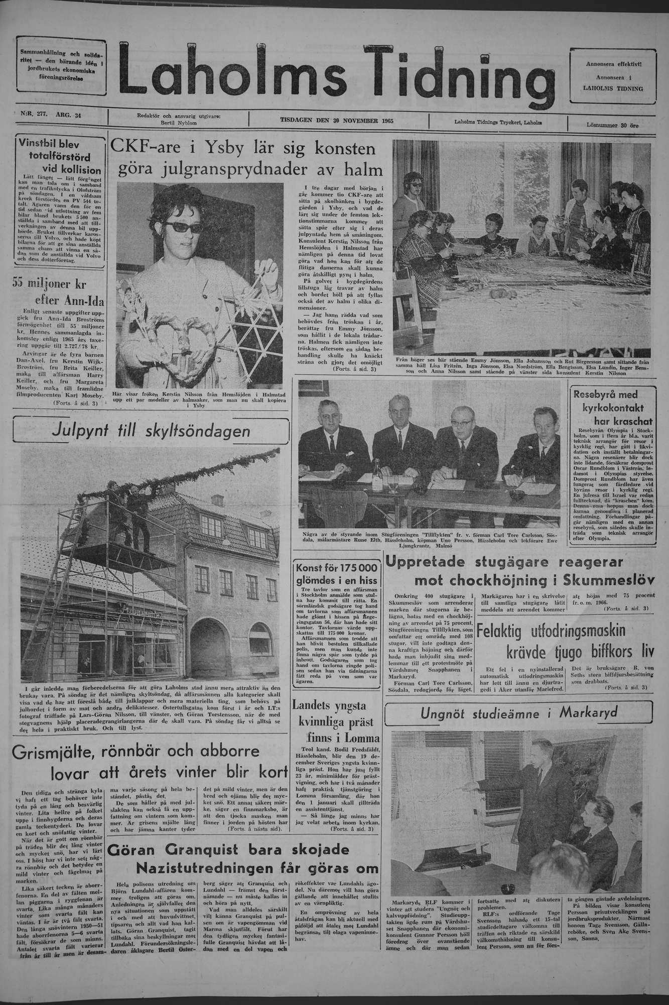 Laholms Tidning Tisdag 30 november 1965, sida 1
