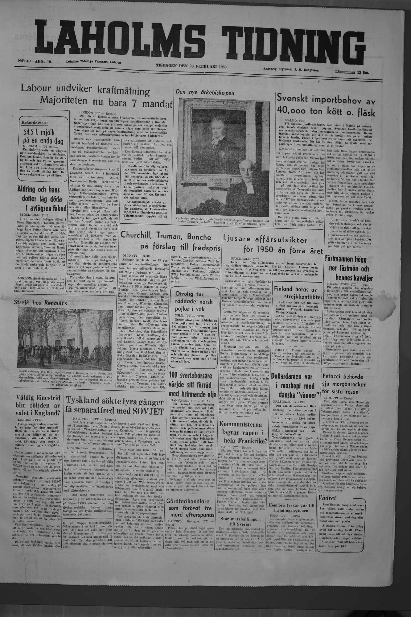 Laholms Tidning Tisdag 28 februari 1950, sida 1