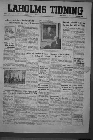 Förstasidan, Tisdag 28 februari 1950