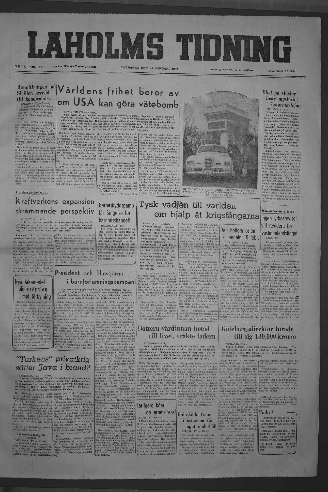 Laholms Tidning Lördag 28 januari 1950, sida 1