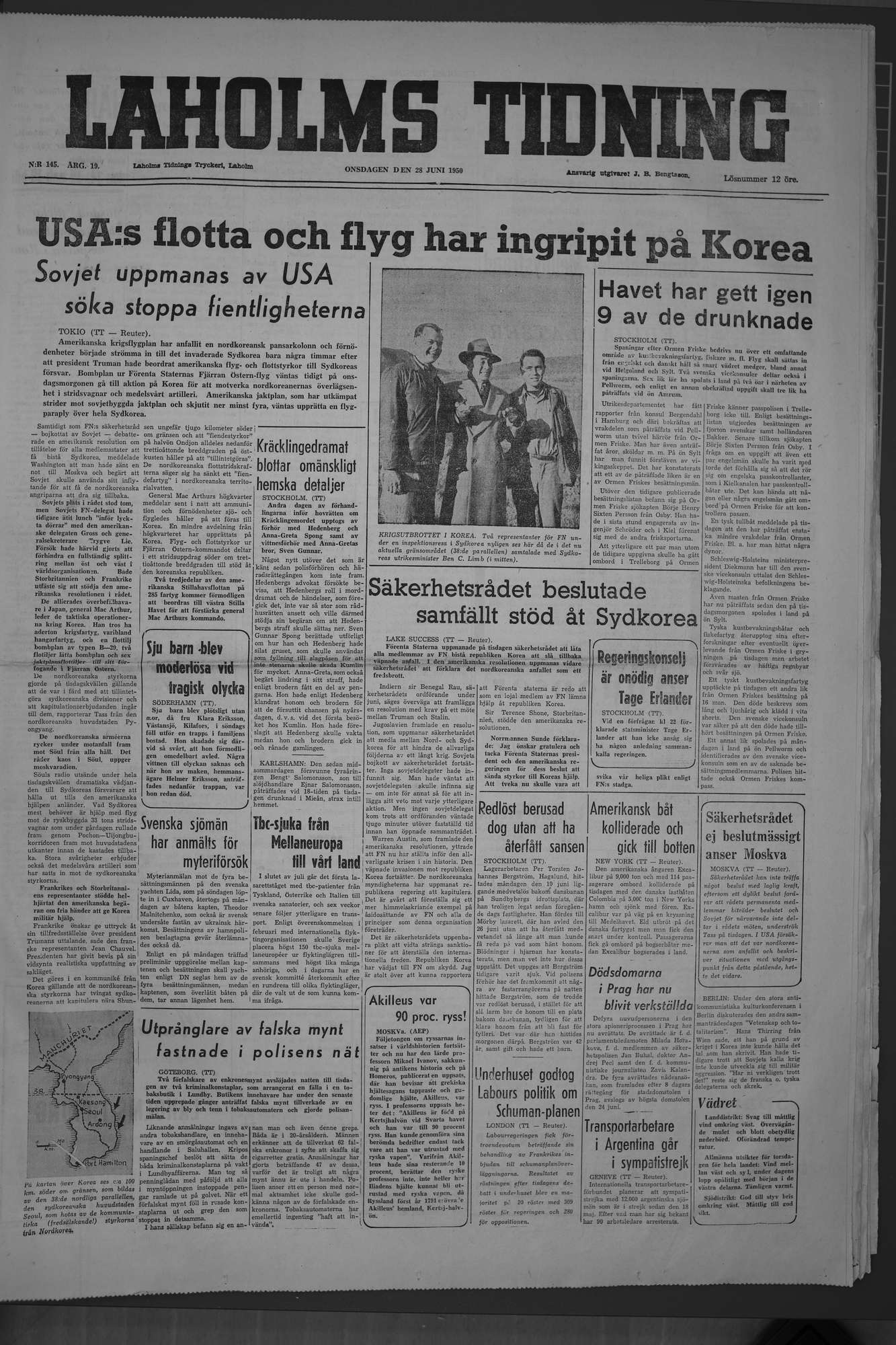 Laholms Tidning Onsdag 28 juni 1950, sida 1