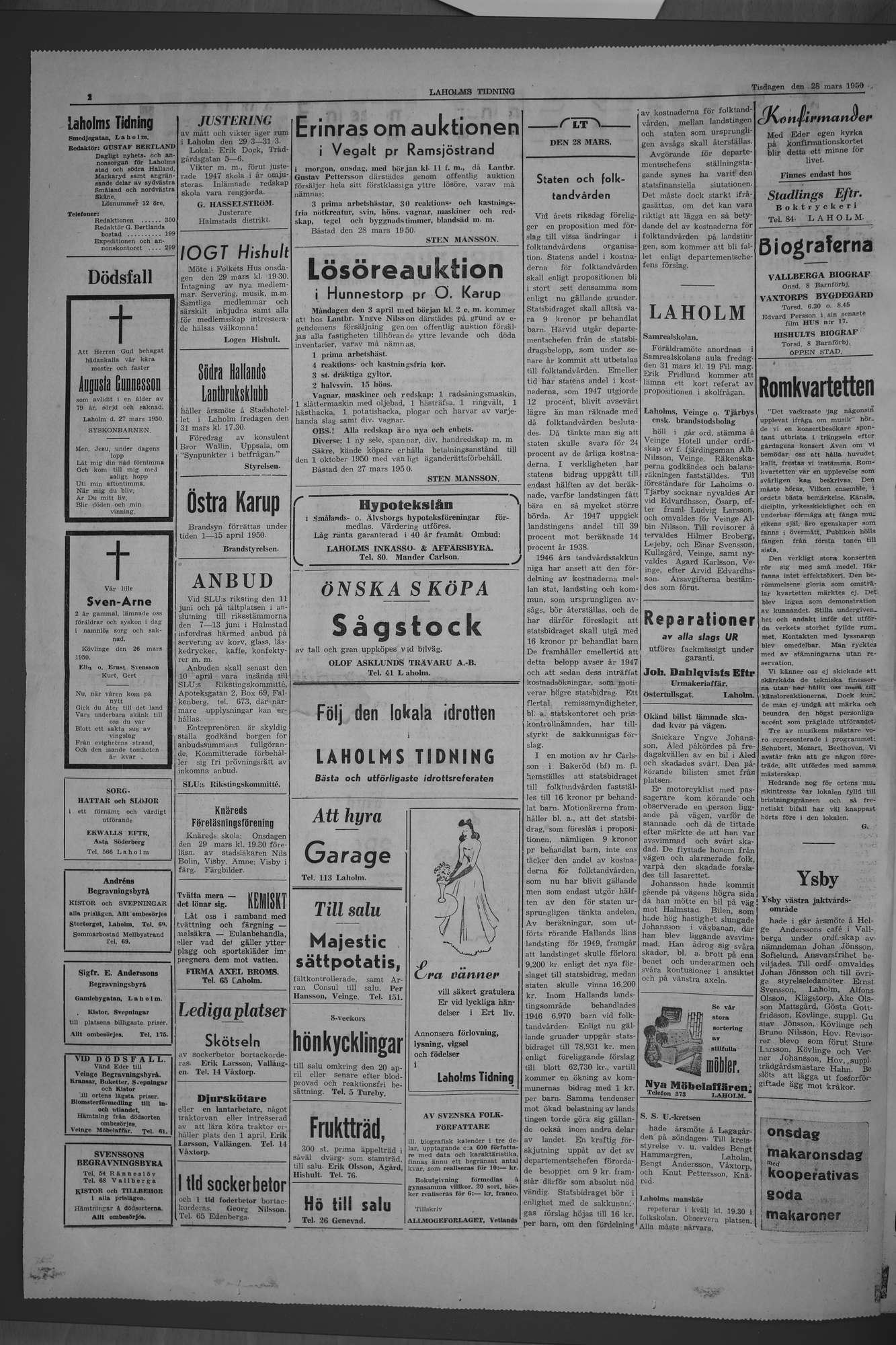 Laholms Tidning Tisdag 28 mars 1950, sida 2