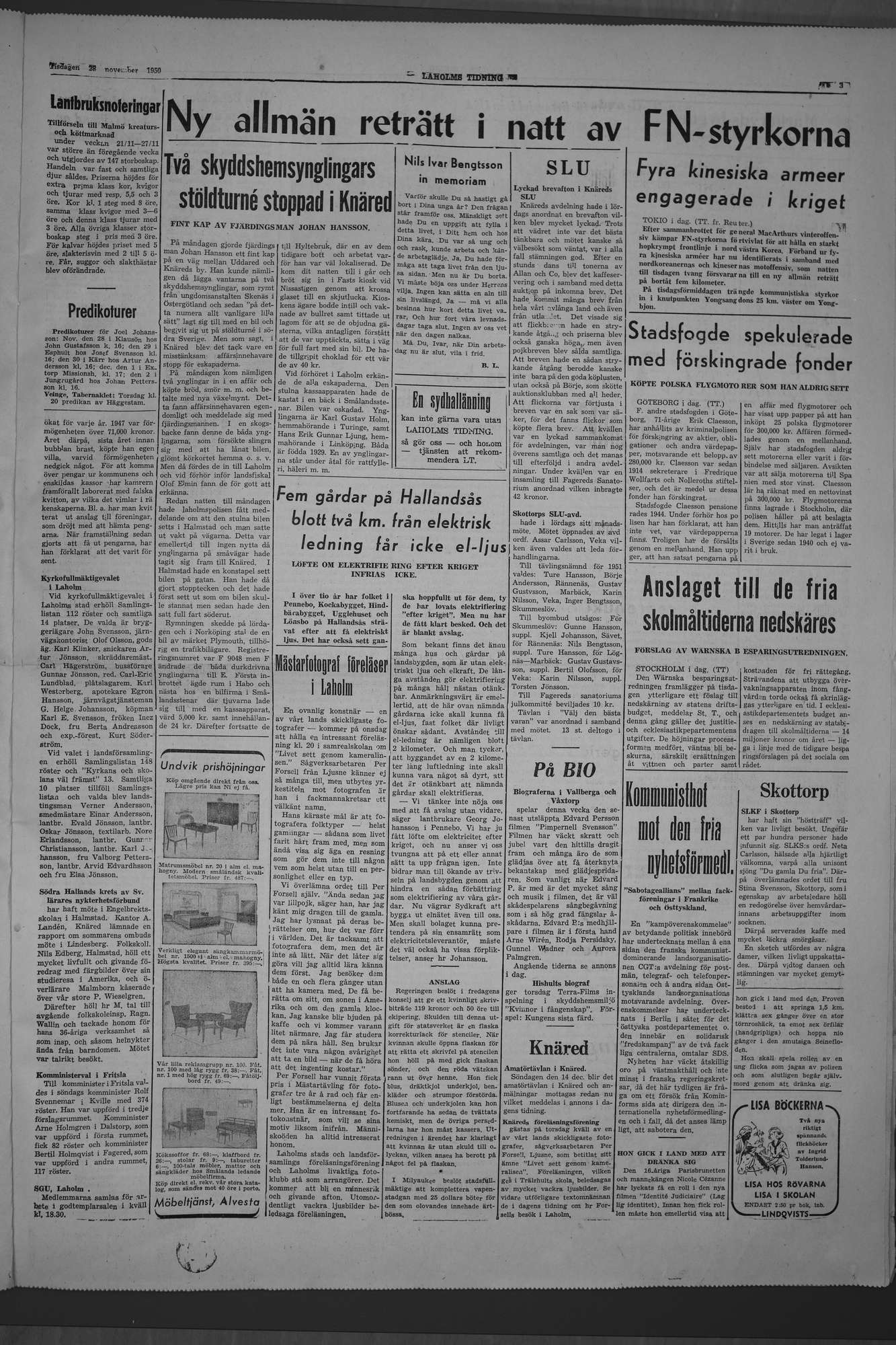 Laholms Tidning Tisdag 28 november 1950, sida 3