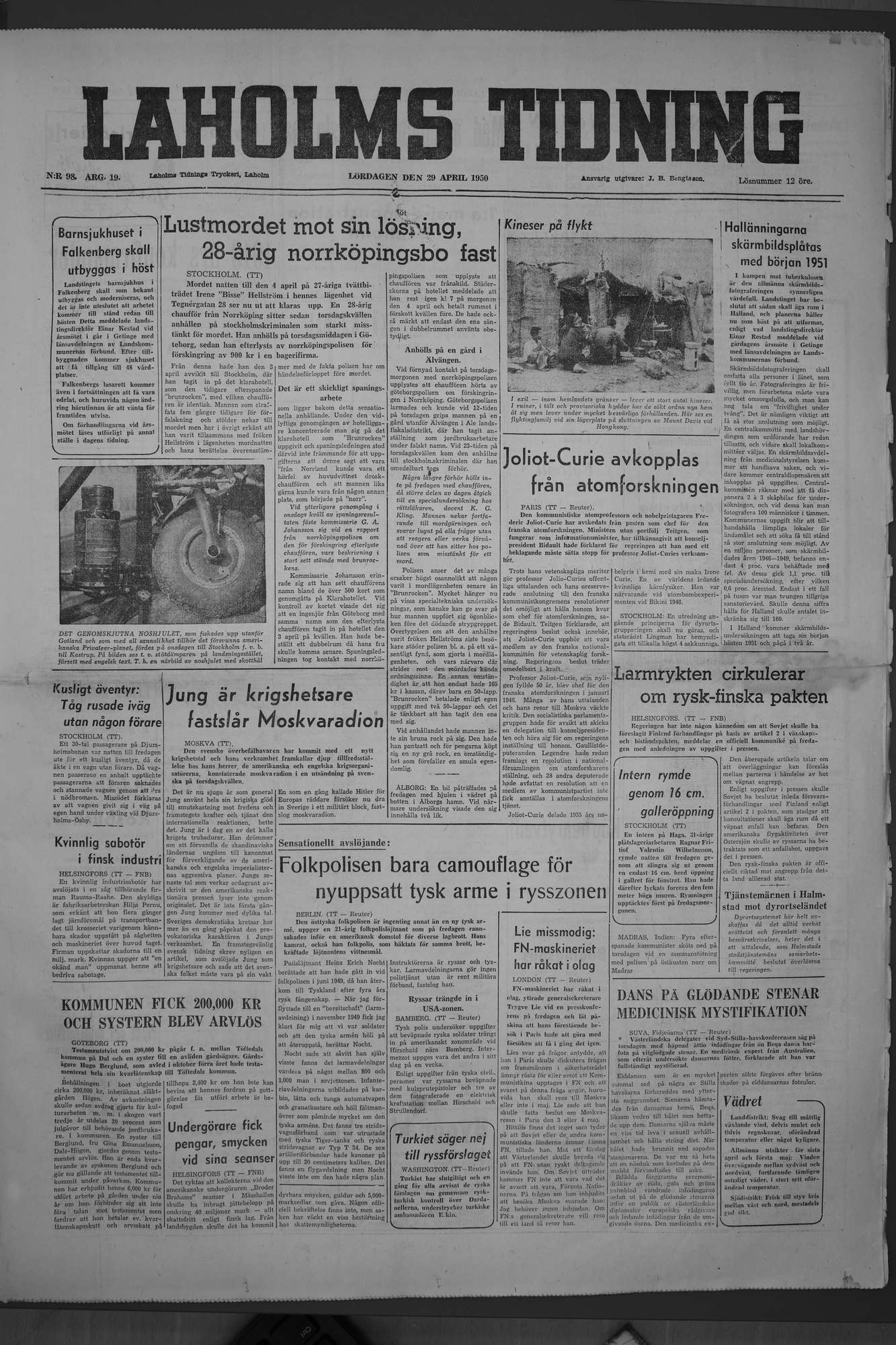 Laholms Tidning Lördag 29 april 1950, sida 1