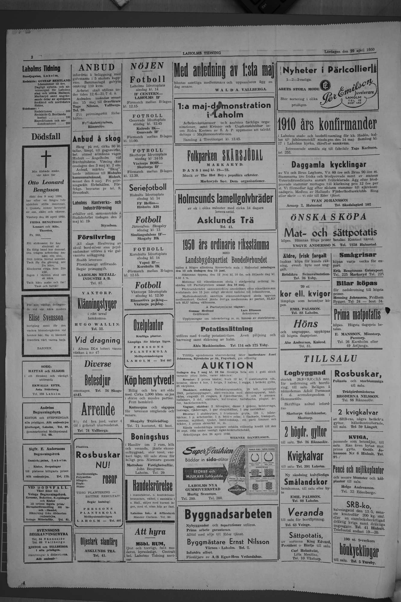 Laholms Tidning Lördag 29 april 1950, sida 2