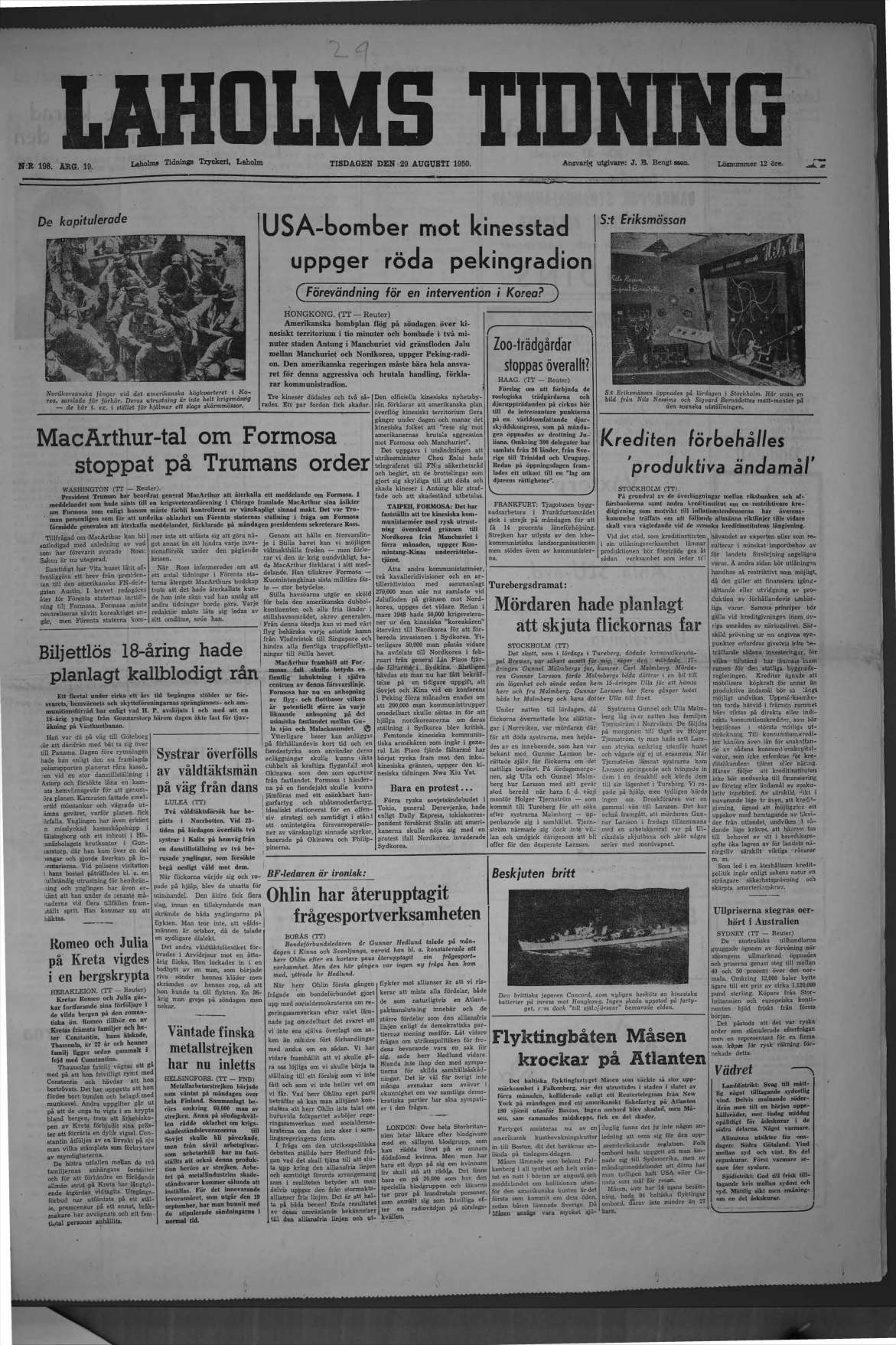 Laholms Tidning Tisdag 29 augusti 1950, sida 1