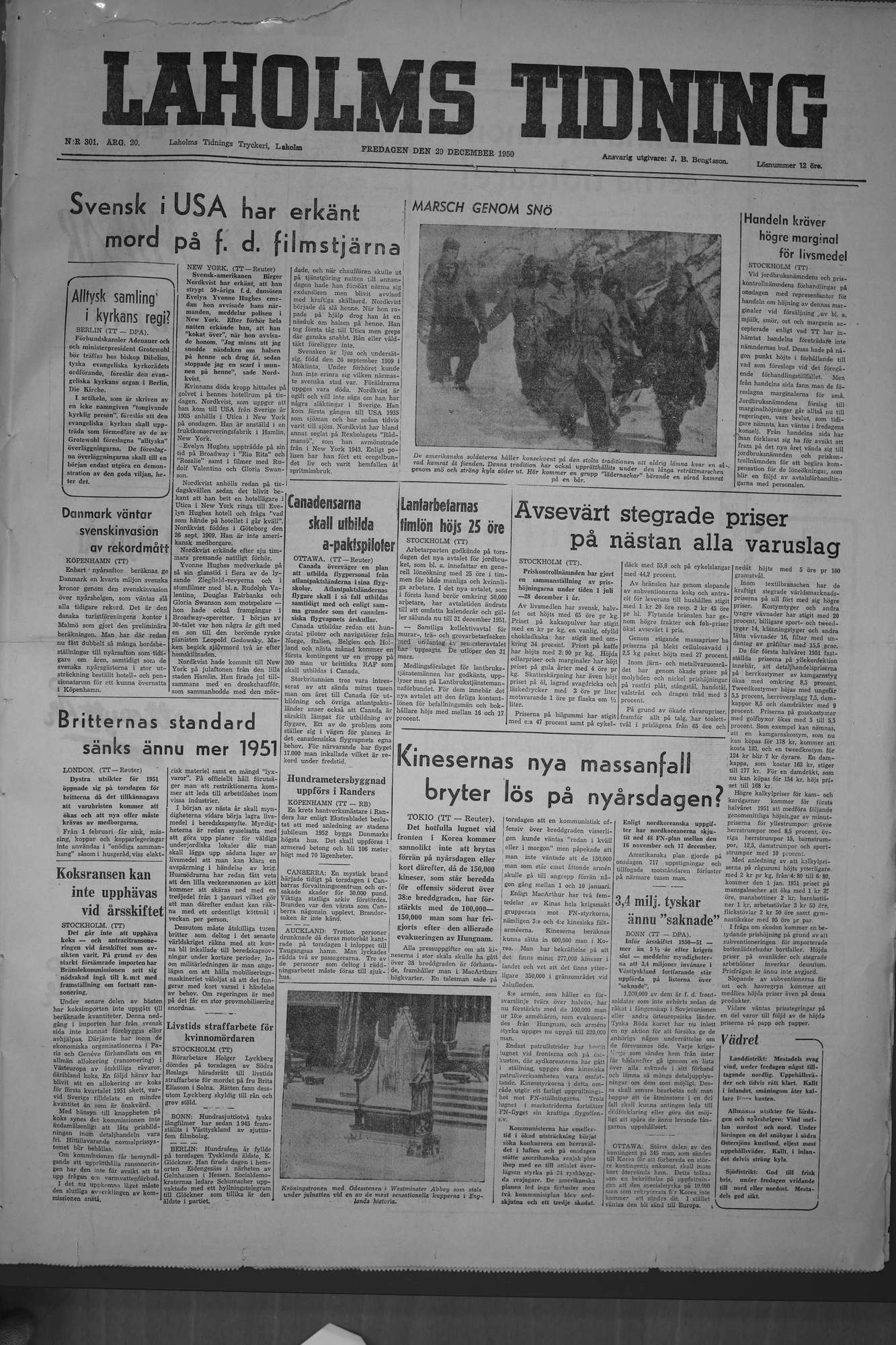 Laholms Tidning Fredag 29 december 1950, sida 1