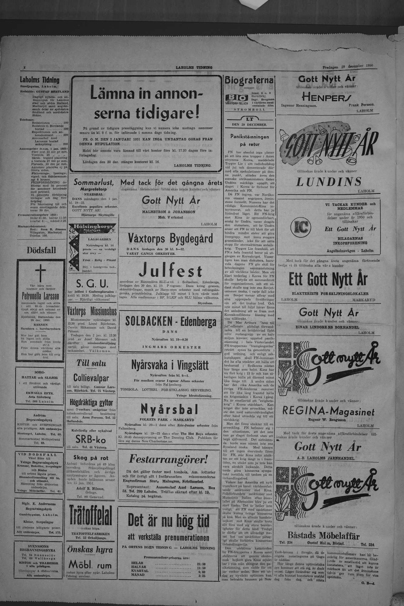 Laholms Tidning Fredag 29 december 1950, sida 2