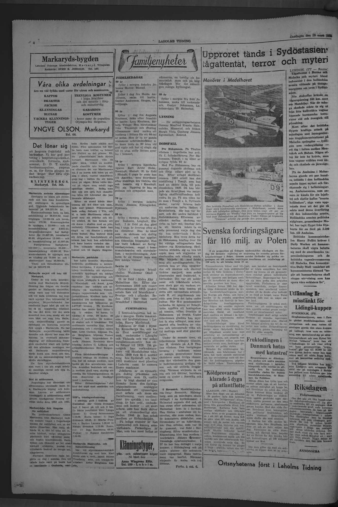 Laholms Tidning Onsdag 29 mars 1950, sida 4