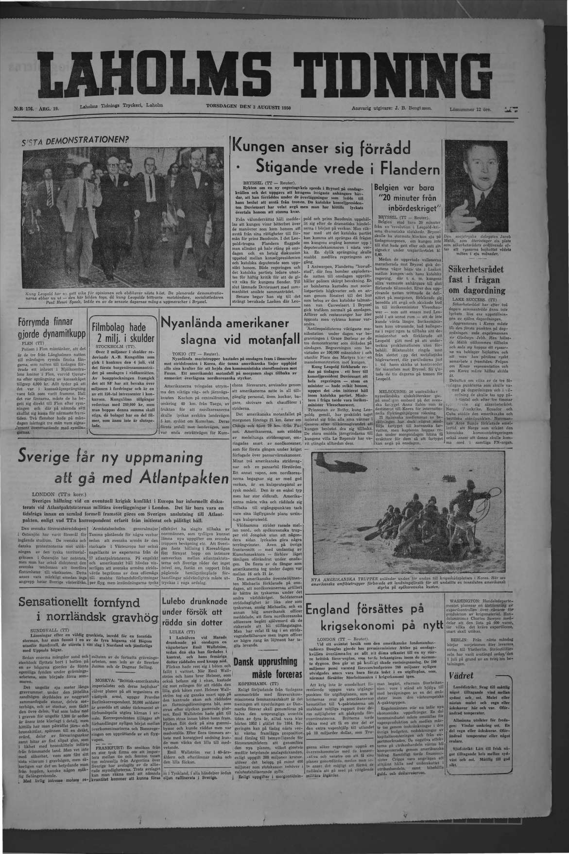 Laholms Tidning Torsdag 3 augusti 1950, sida 1