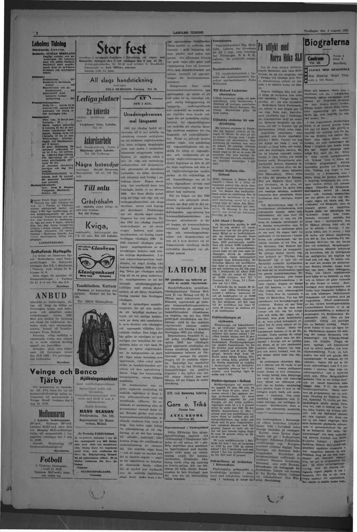 Laholms Tidning Torsdag 3 augusti 1950, sida 2