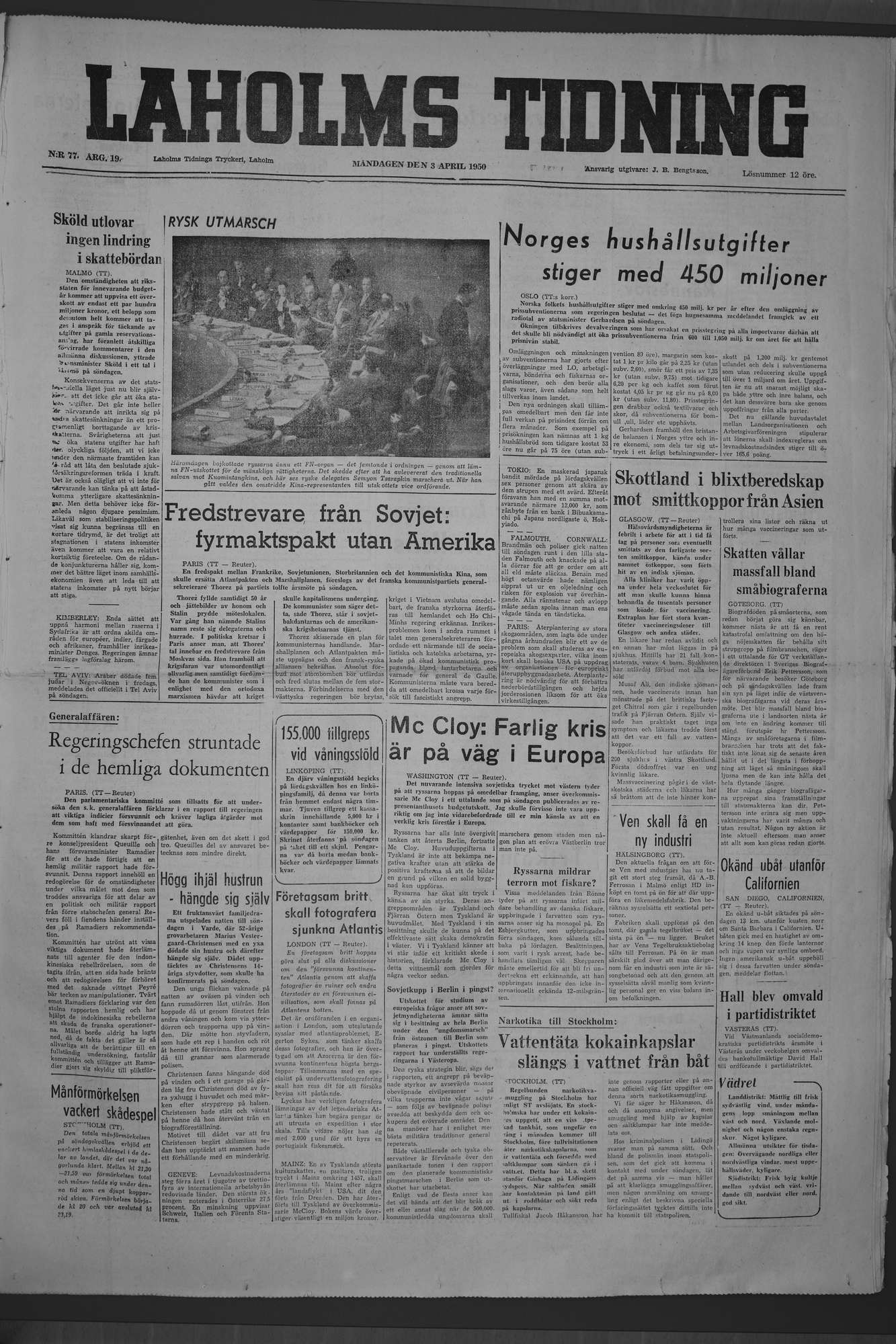 Laholms Tidning Måndag 3 april 1950, sida 1